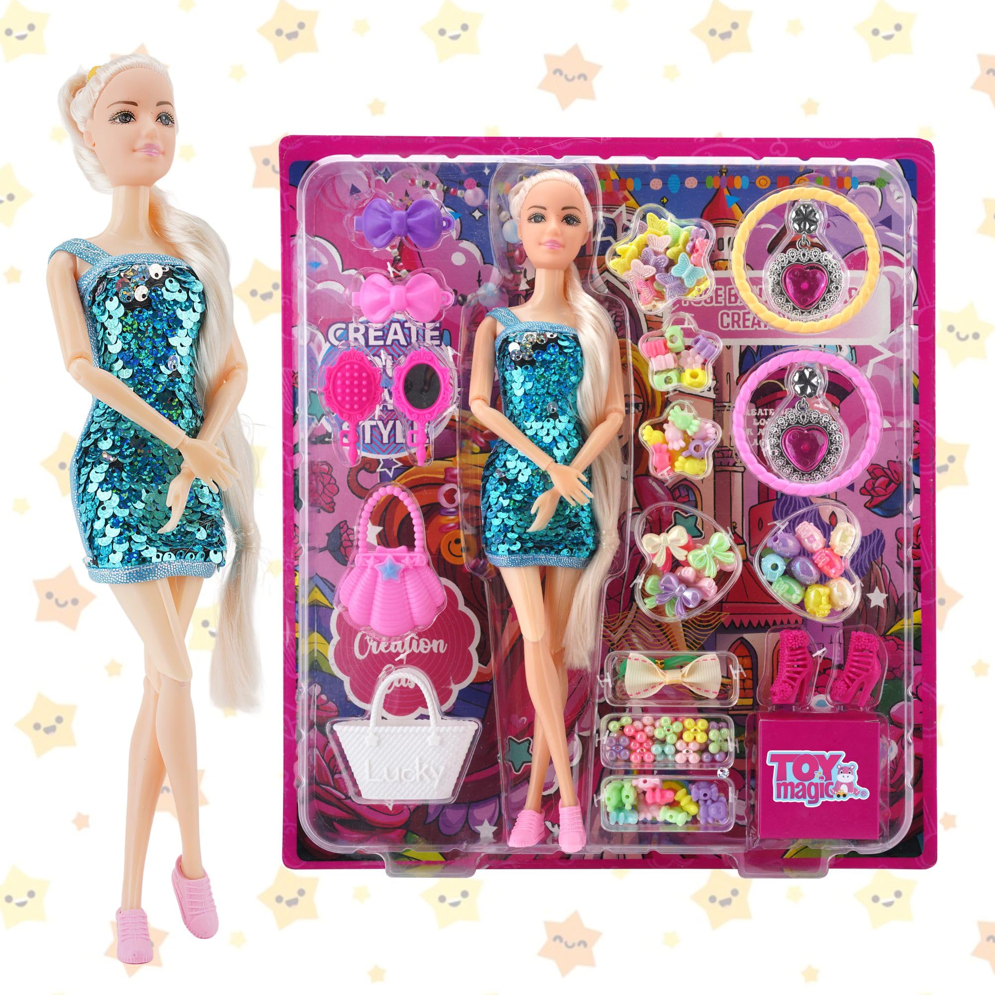 ToyMagic Beads Collection Dolls|3 Assorted Dolls with Stylish Bead Accessories,Travel Gear,Jewellery for Creative Play|Vibrant Outfits& Movable Arms|Perfect for Role Play & Fashion Styling for Kids 3+