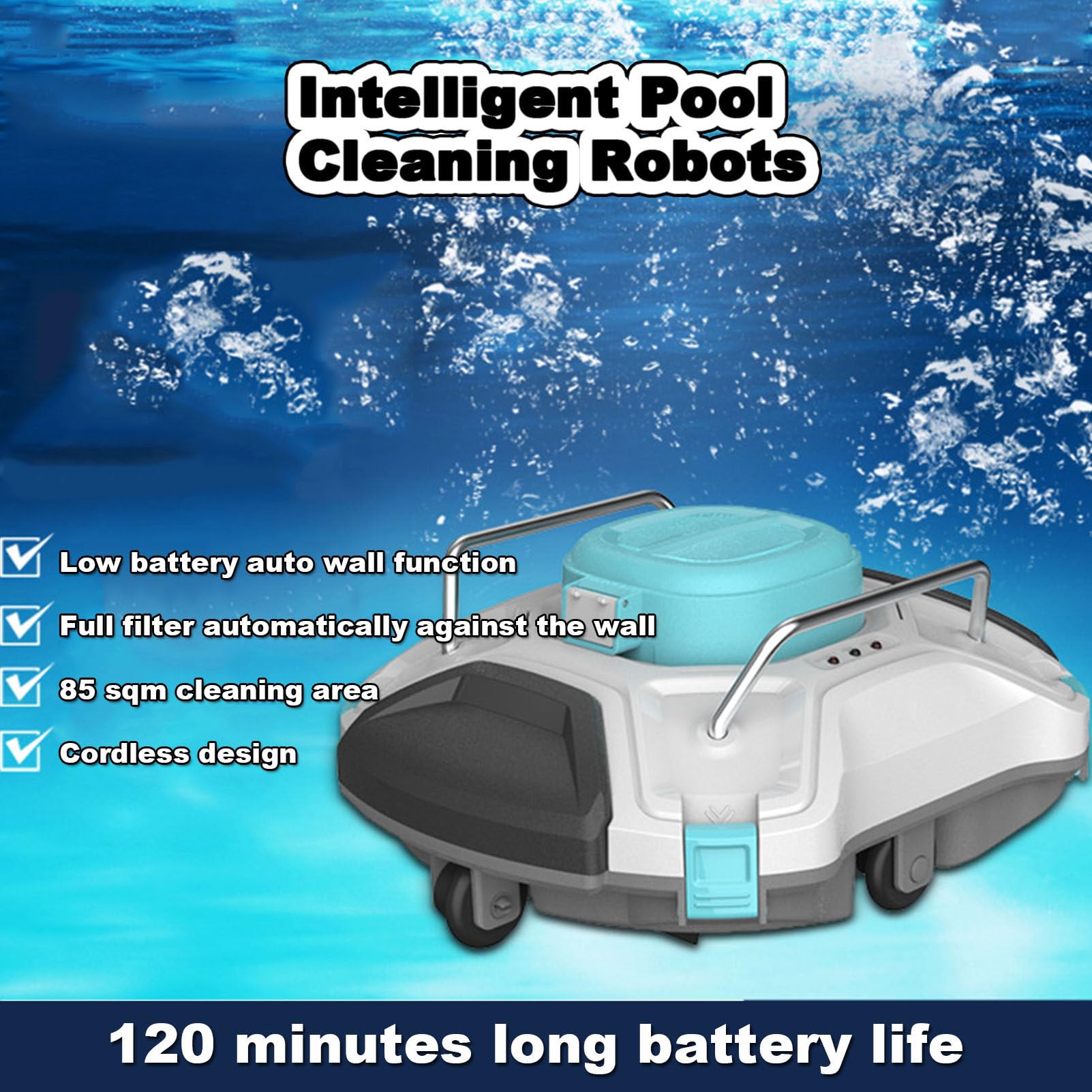 Limpiador de Piscina de Robot automático, vacío de Piscina robótica inalámbrica para Piscina sobre el Suelo y la Piscina en el Suelo con una Fuerte succión y Mango Superior