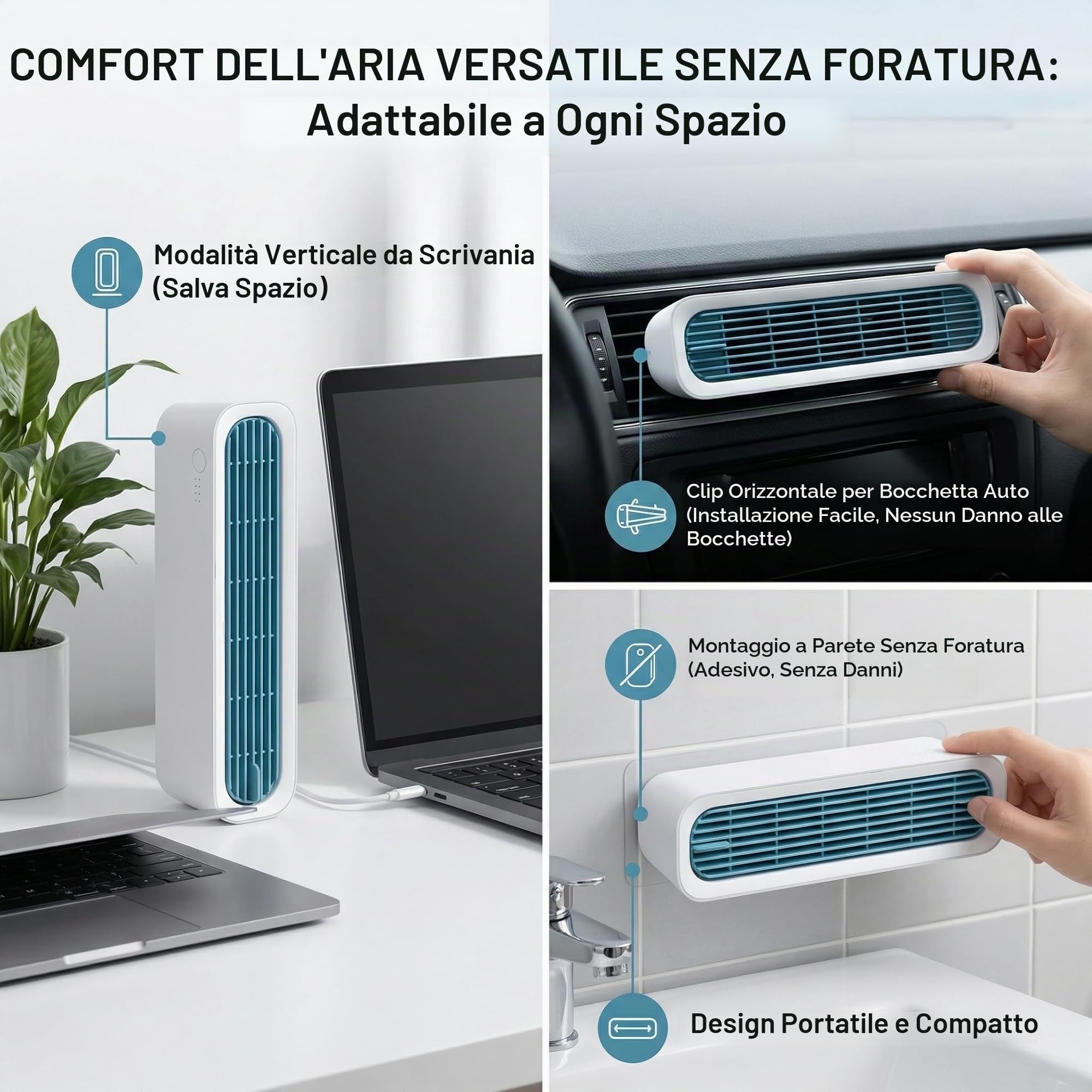 Condizionatori Portatili, Ventola di Raffreddamento Personale con Turbo Ventole Silenziose Ricaricabili USB 2 in 1 Montabili a Parete in Piedi/Sdraiato per Auto da Ufficio Domestico, Climatizzatore P