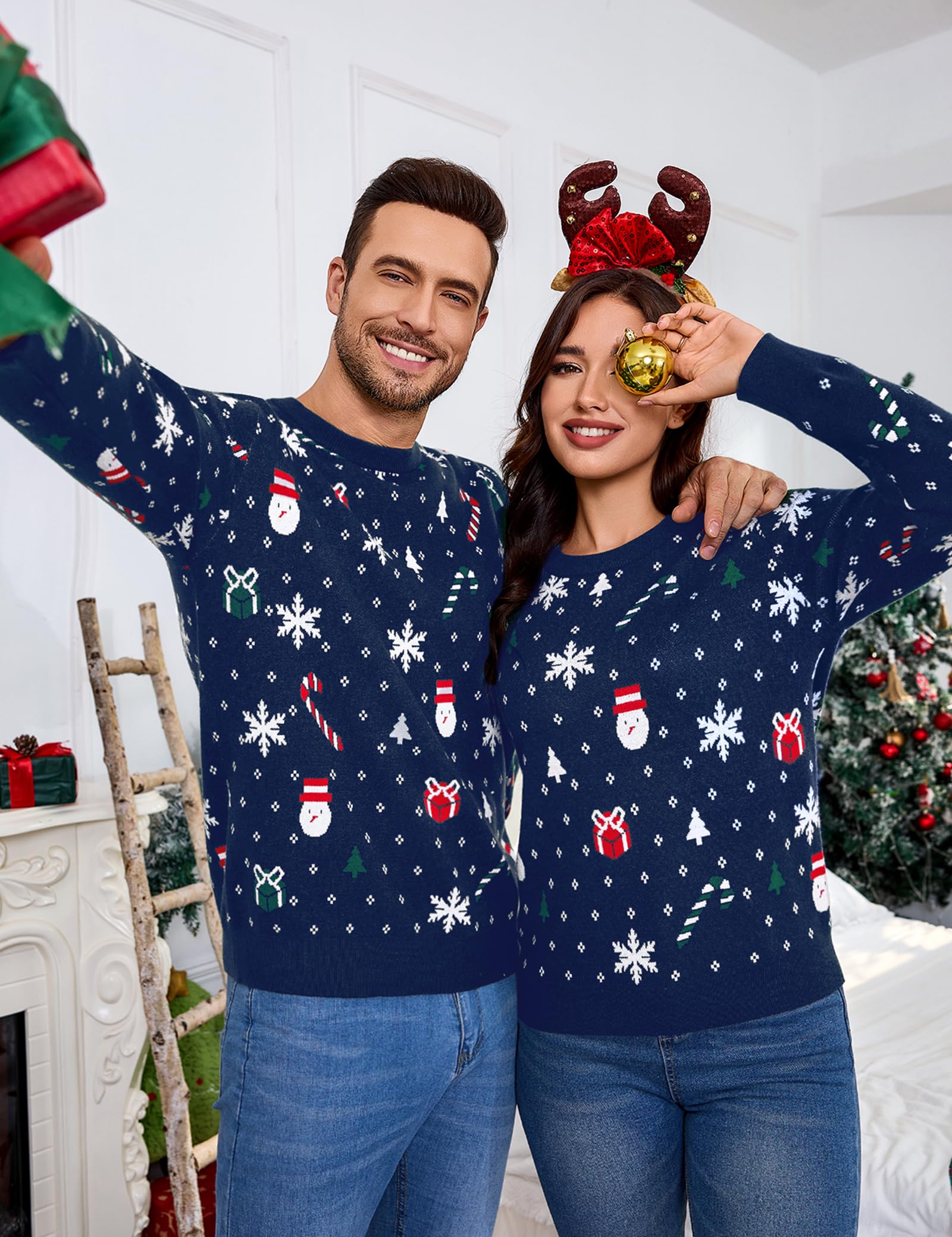Aottori Jersey Navidad Mujer Hombre Manga Larga Cuello Redondo Reno y Nieve | Para Invierno, Diseño Pullover, para Fiestas Navideñas, Ideal para Capas, Fácil de Combinar
