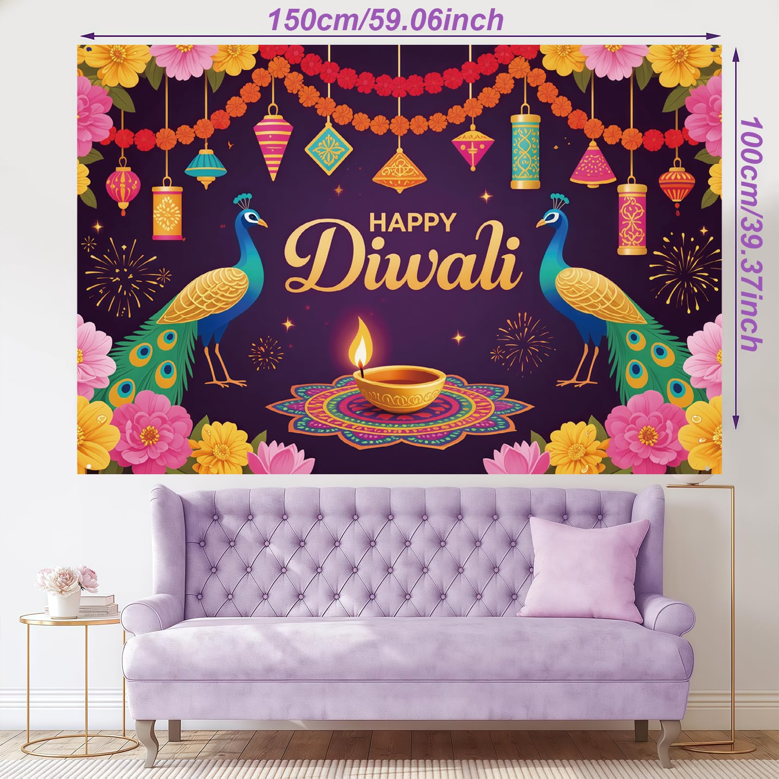 Happy Diwali Decorations Banner Festival of Lights Happy Diwali Background for Indian Deepavali Lights Diyas Party Decor Photo Booth Props 59 X 39 In - Image 2