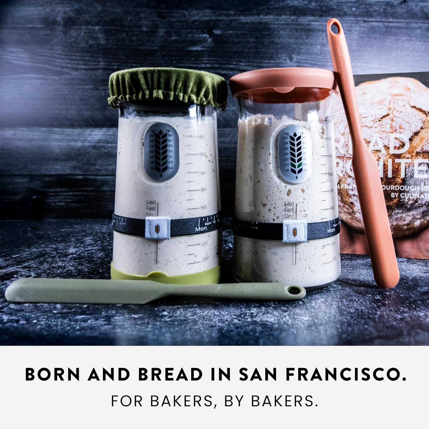 Pro Sourdough Fermentation Kit - 39oz 2pcs Wide Mouth Glass Jar with Marked Tracker, Thermometer, Bread Scraper, Cookbook & Cloth Cover - Sage/Terracotta