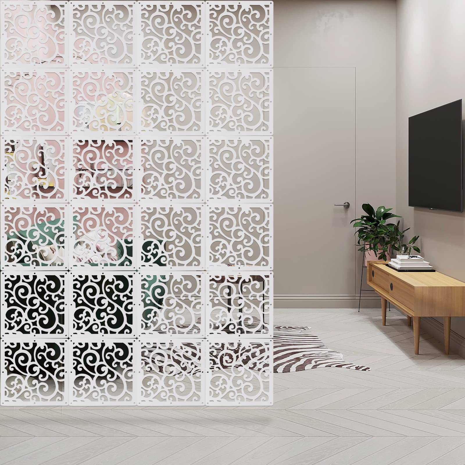 ANMINY 24 PCS Hanging Room Divider Decorative Thick Panels Floral Carving Wall Screen Hollow Out Design for Bedroom Living Dining Room Kitchen Office