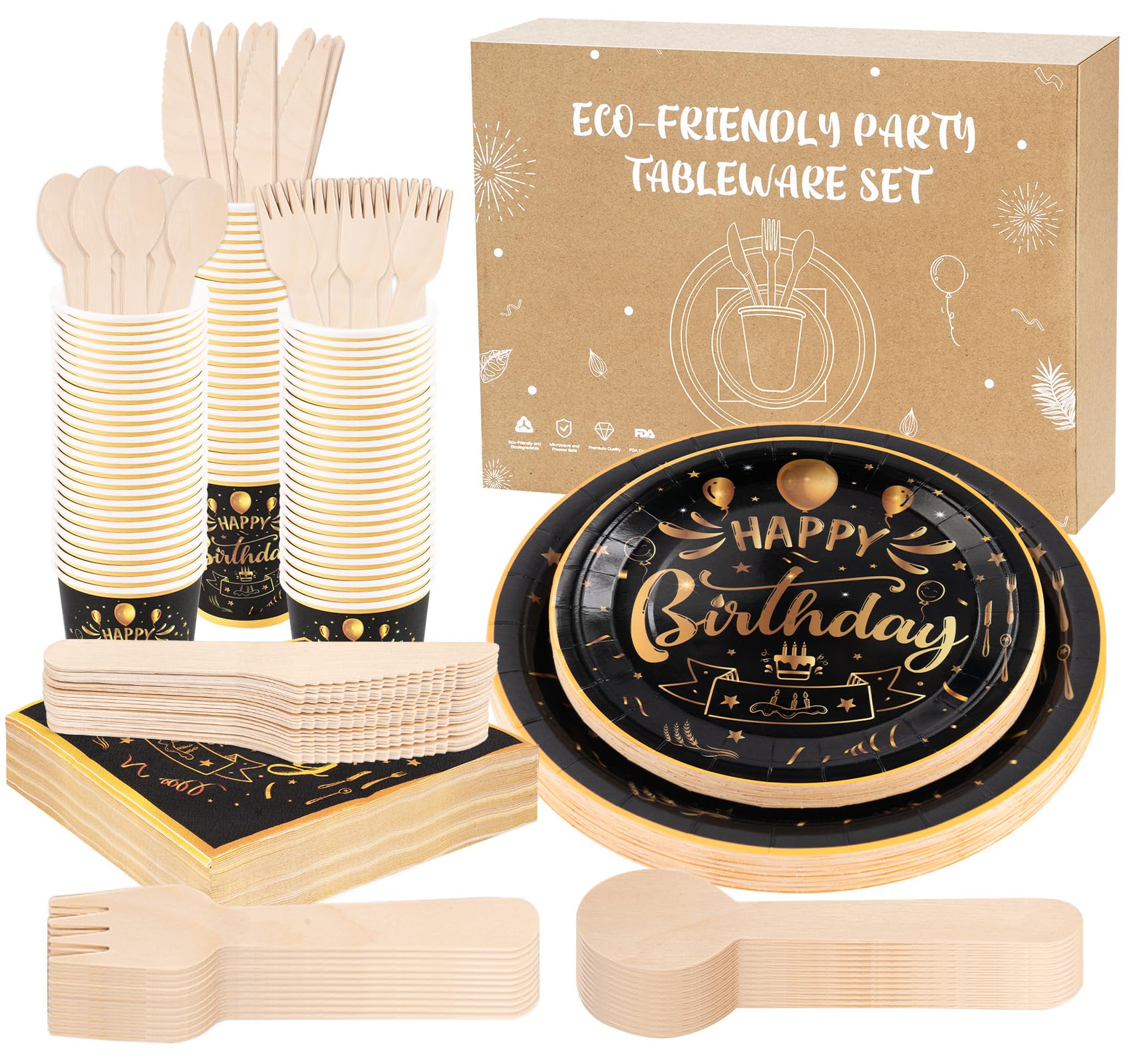 Vaisselle Jetable Noir Et Or - 200 Pièces Pour 25 Personnes - Assiettes, Couverts, Gobelets, Serviettes - Pour Mariage, Fête, Noël