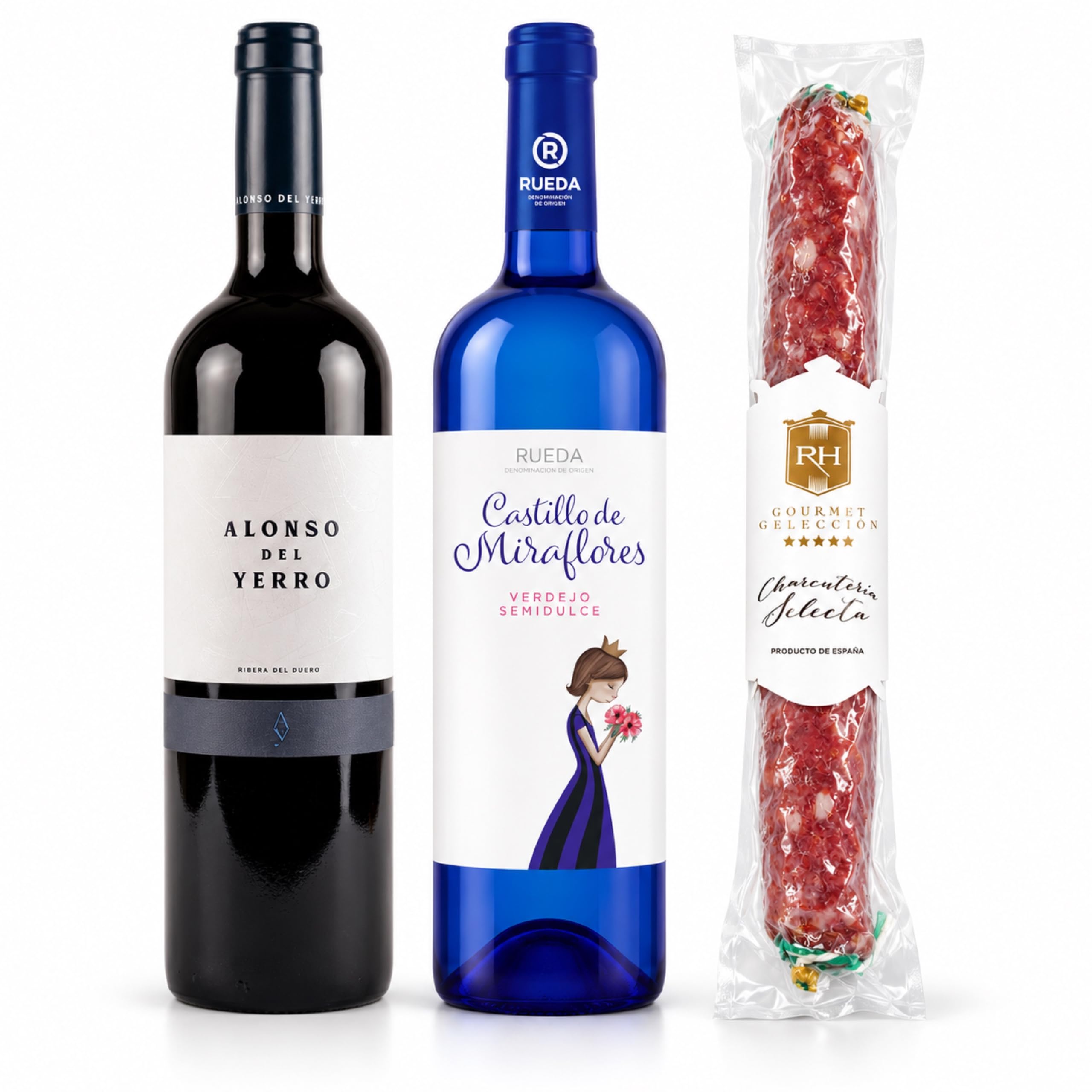 Cesta gourmet Navidad Alonso del Yerro y Castillo de Miraflores con fuet ibérico de bellota 180 g RH Gourmet, pack de 2 botellas 75 cl