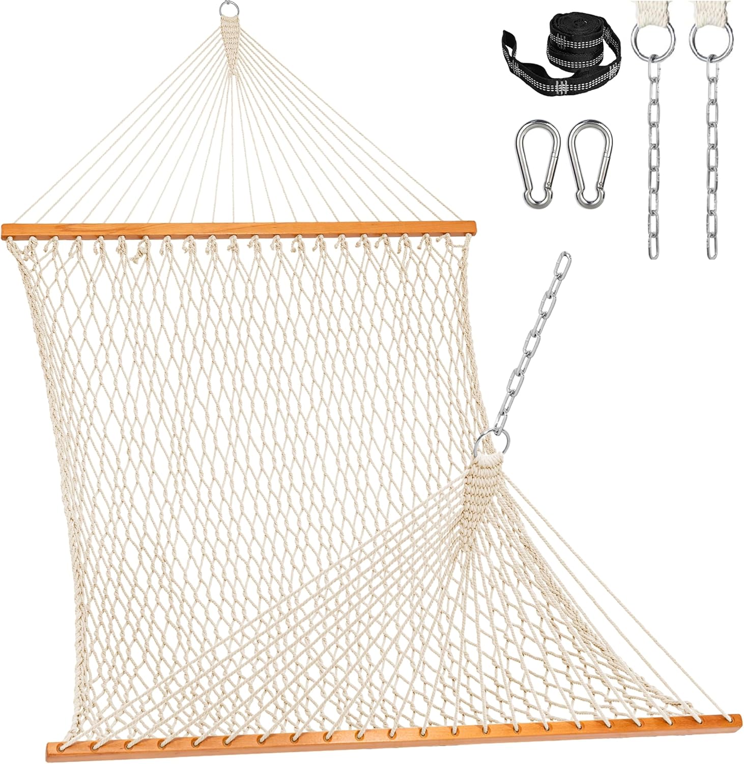 Lazy Daze Hammocks Double Cotton Rope Hammock for 2 Persons - 450 lbs Capacity, Handwoven Thick Ropes, Spreader Bar, Tree Straps Included - Natural