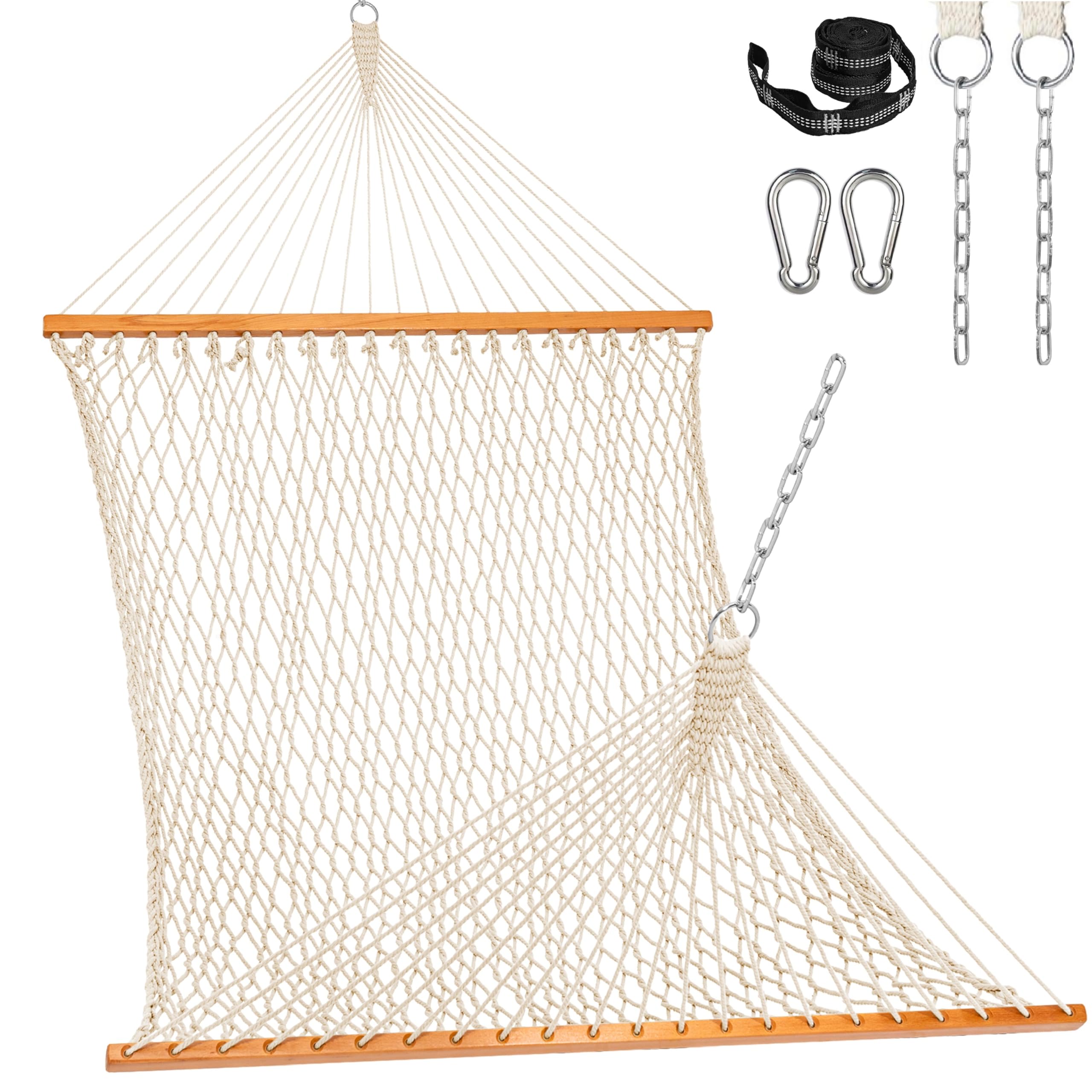 Lazy Daze Hammocks Double Rope Hammock 2 Person Traditional Outdoor Hand Woven Cotton Rope Hammock with Spreader Bar