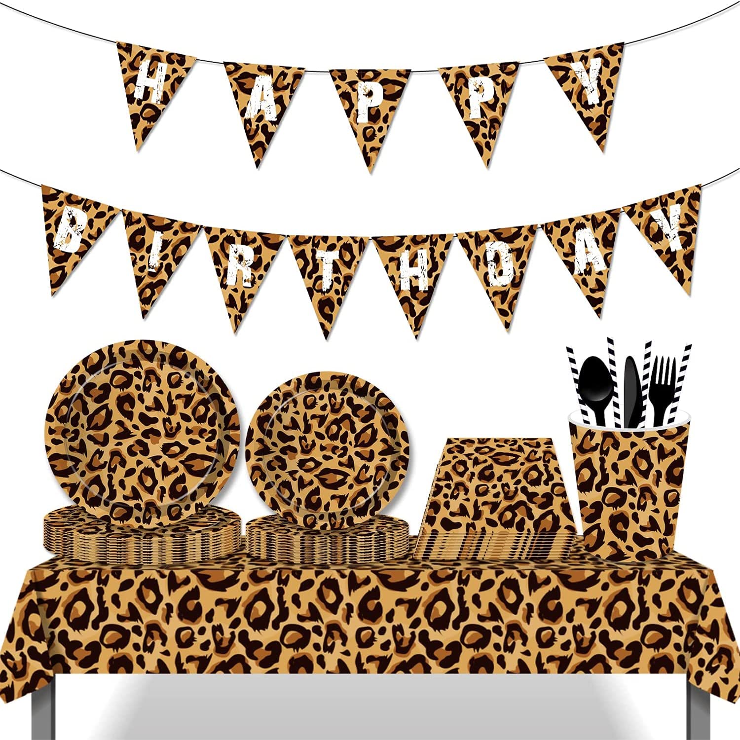 Leopard print Party Tableware Set,Leopard Party Supplies Serves 16 Guests Including Paper Plates Napkins Tablecovers Cups Straws Cutlery