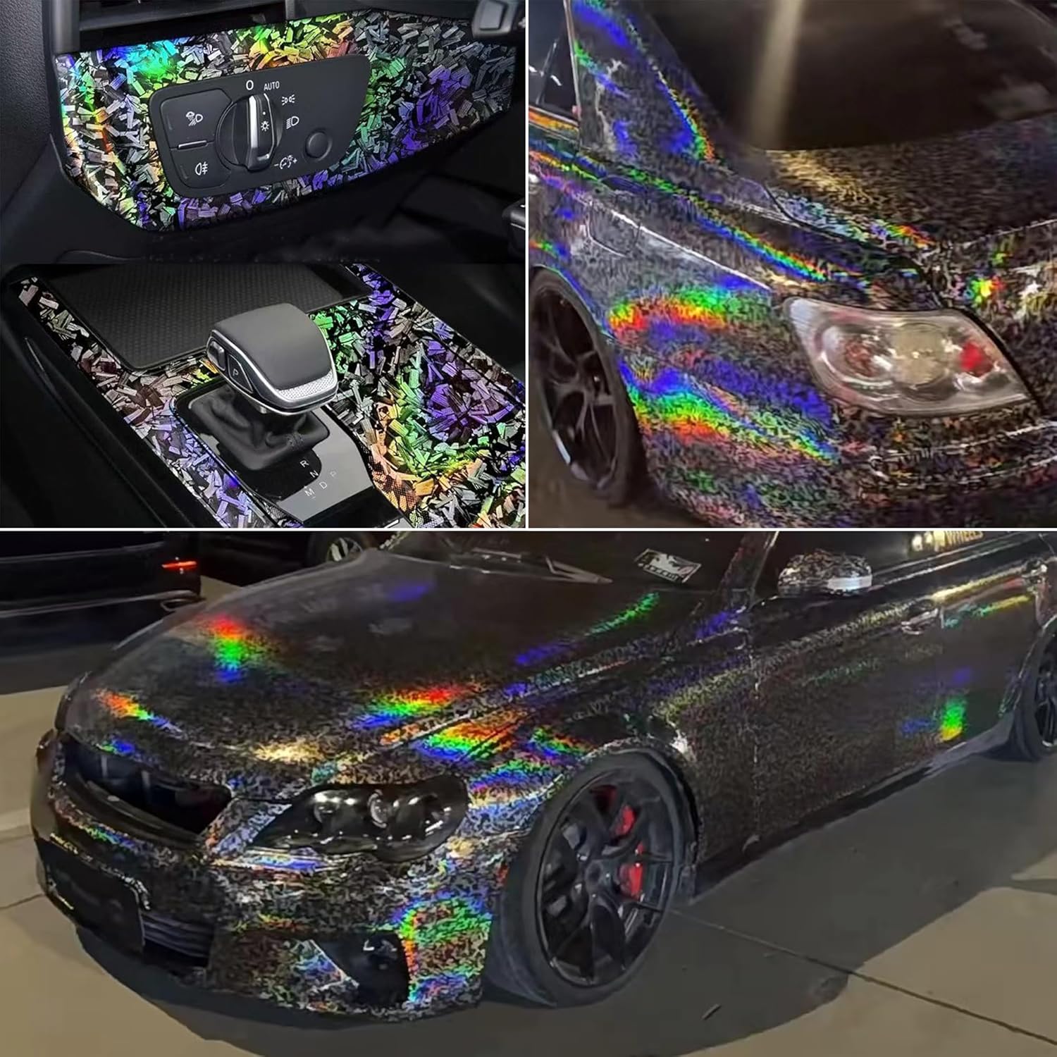 Holographic Black Rainbow Forged Carbon Laser Car Vinyl Wrap Gloss Color Change Car Body Decorative Film, 59.84'' x 699.29'' (The Whole Roll)