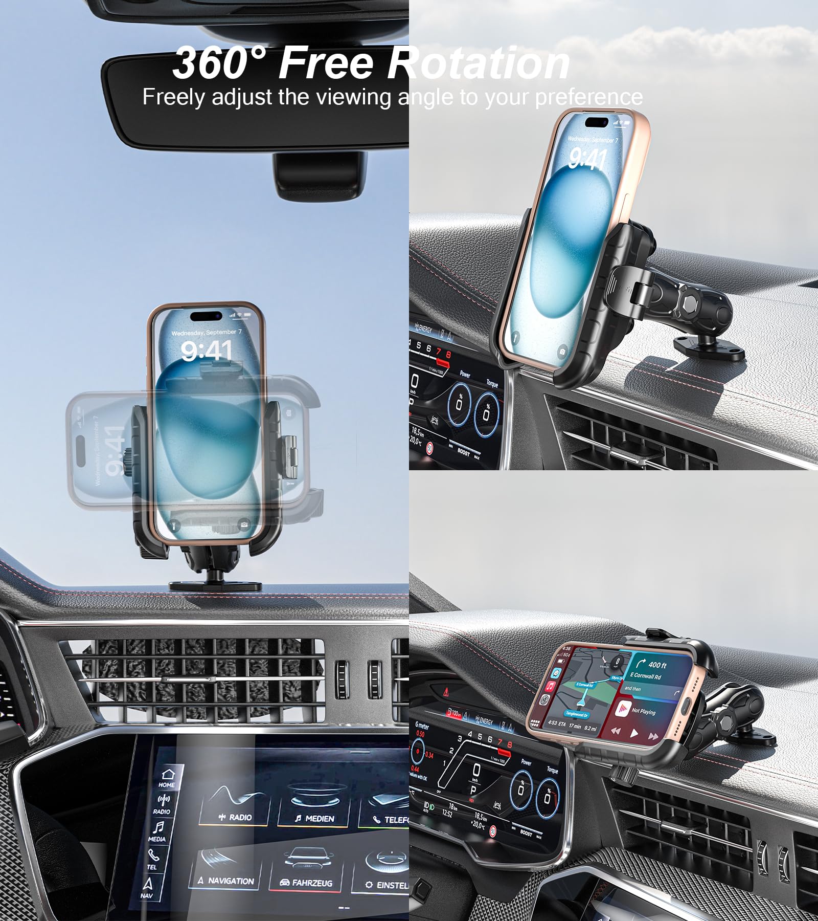 LOKTENWO Anti-Vibrations-Telefonhalterung mit Vibrationsdämpfer [Kamera ohne Blockierung] [1s Lock & Release] mit mittlerem Arm und Aluminium-Diamant-Basis für Auto, LKW, UTV, Boot, passend für