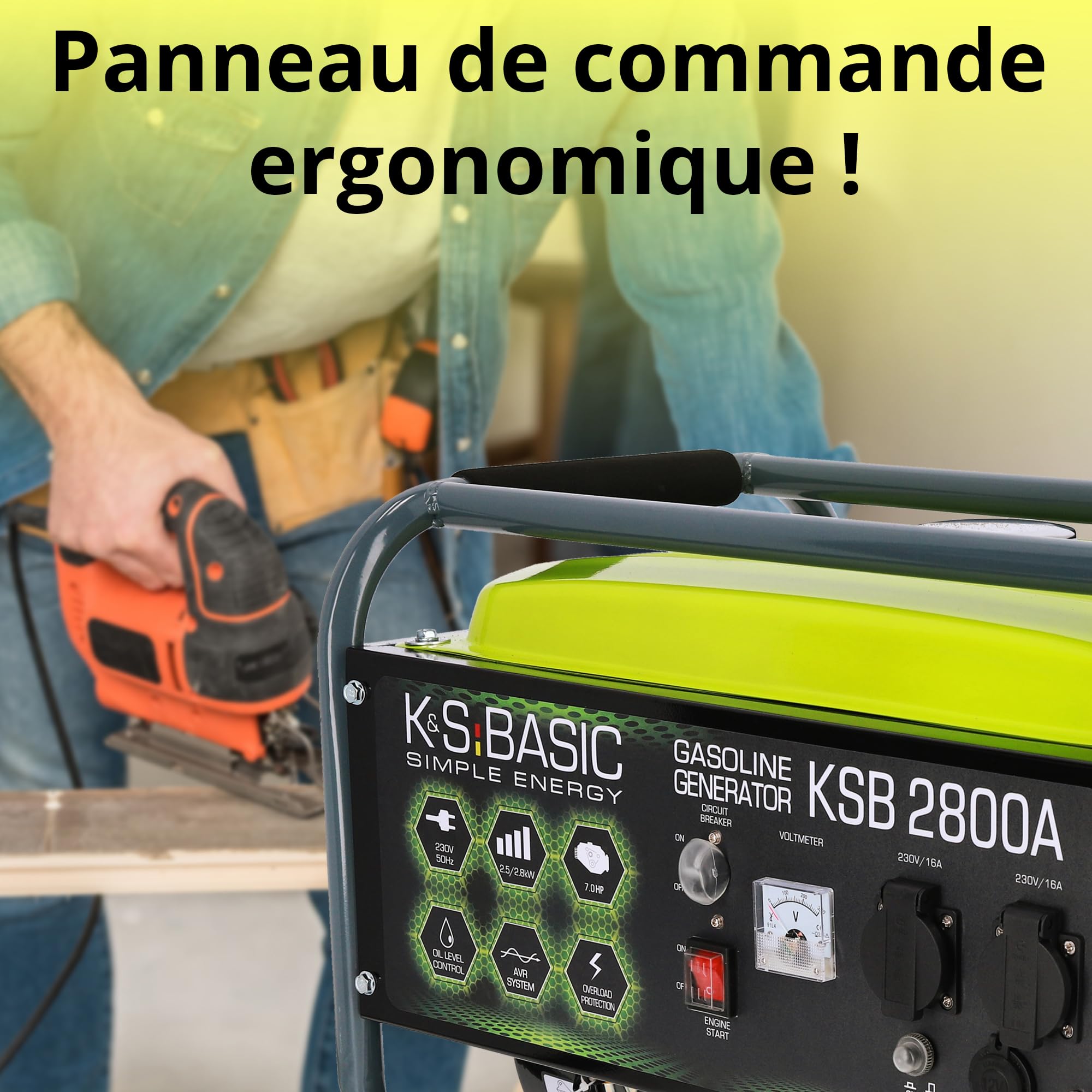 Groupe électrogène à essence KSB 2800A, puissance maximale 2800W, démarrage manuel, régulateur de tension automatique (AVR), voltmètre, 2x16A (230V), sortie 12V, alternateur en aluminium.