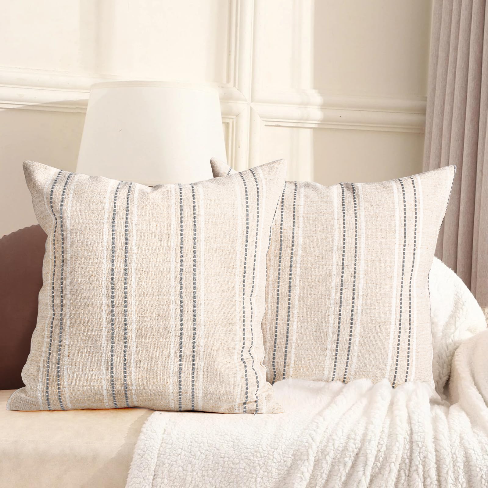 Aels Beige With White & Gray 26X26 Decorative Farmhouse Linen Throw Pillow Covers, Boho Textured Pillow Case, Set Of 2, Stitch Yarn Dyed Stripe Cushion Cover For Sofa Couch Living Room (Cover Only) Size 26