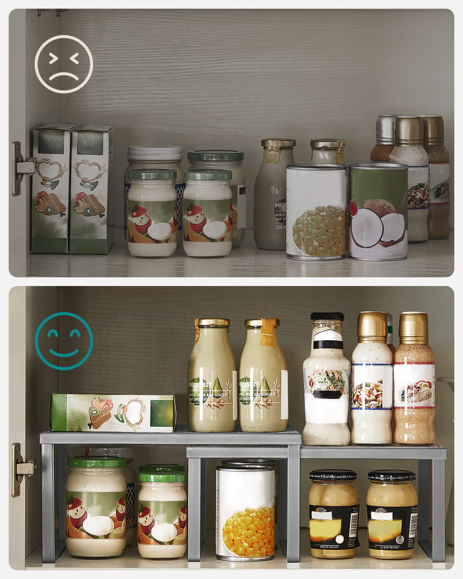 SONGMICS Set of 2 Cupboard Organisers, Kitchen Storage, Stackable, Expandable, Metal Counter Shelves, Silver KCS01SV - Image 4
