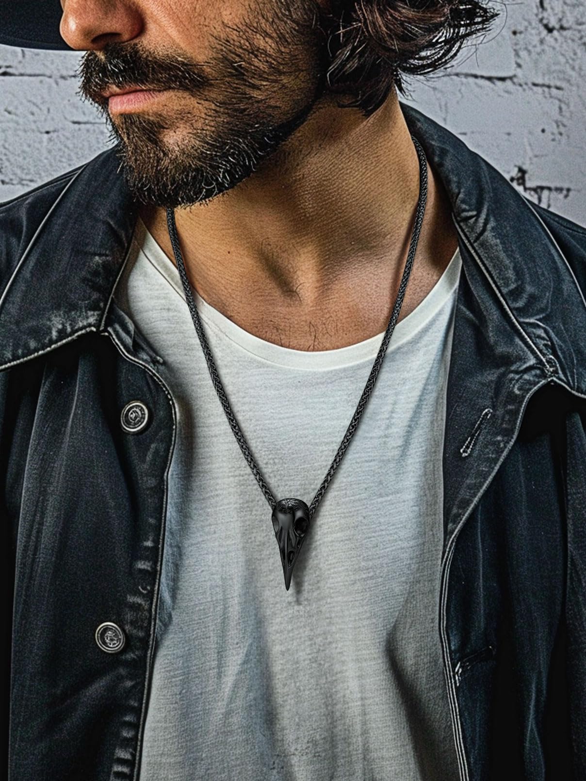 FaithHeart Viking Raven Necklace for Men, Norse Mythology Raven Skull Pendant Sturdy Stainless Steel Amulet Jewelry Gift for Men: Black Crow Skull