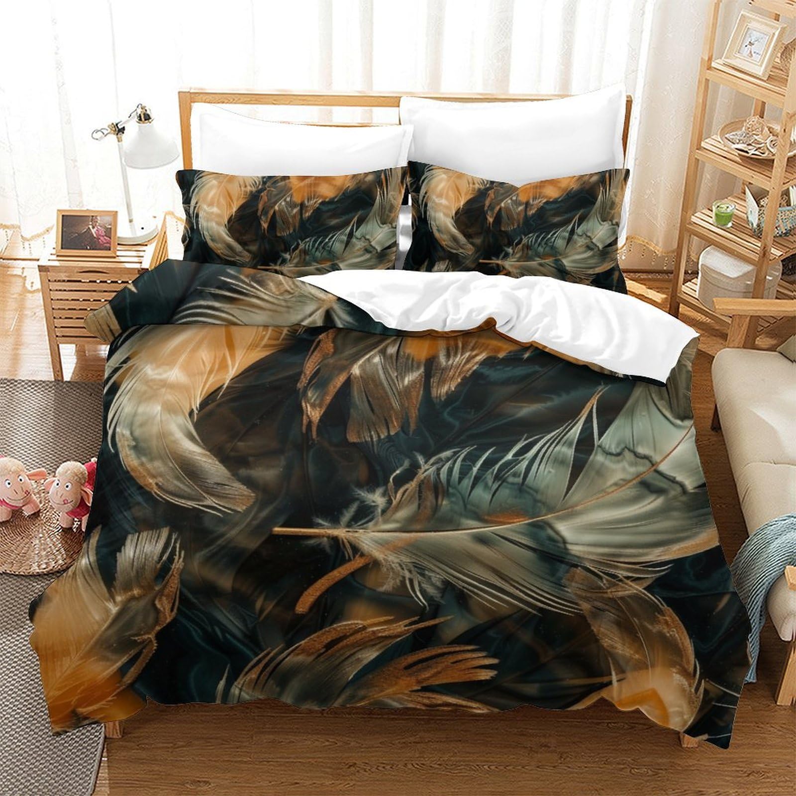 Parure de lit plumes imprimé 3D en microfibre 200x200 cm avec 2 taies d'oreiller pour lit double