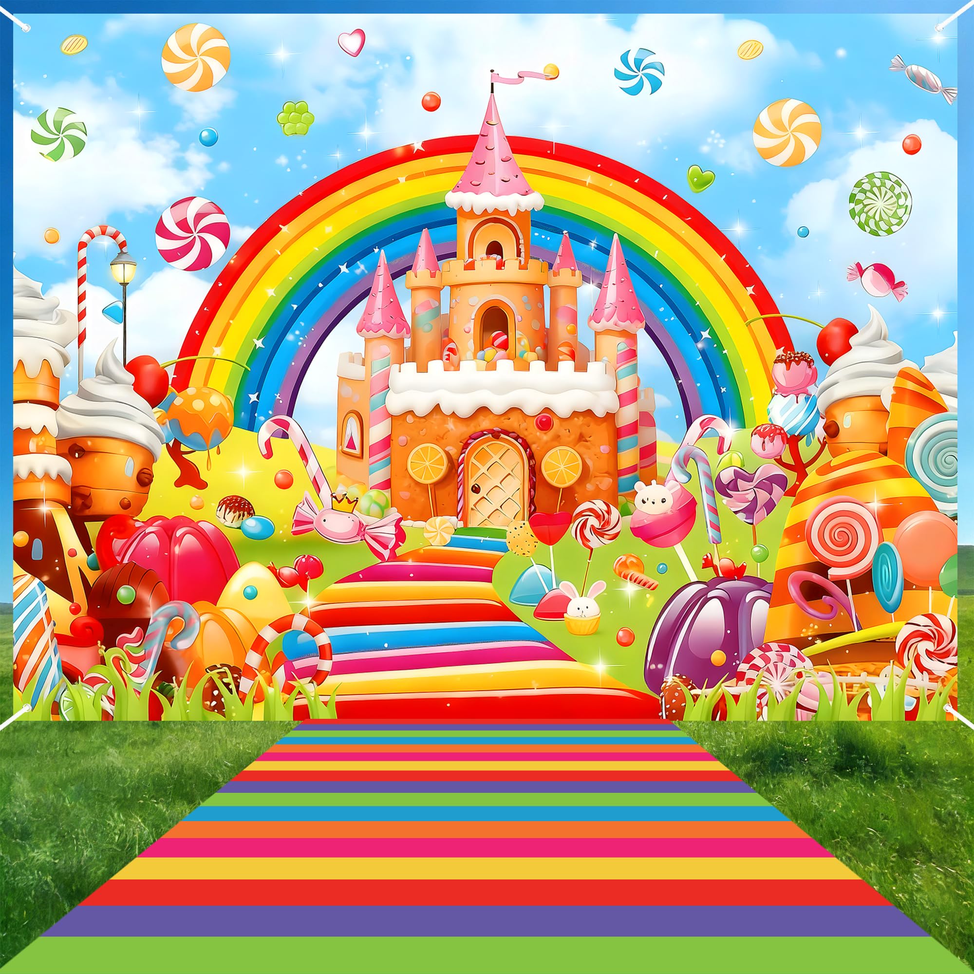 2Pcs Candyland Party Decorations Candy Backdrop with Lollipop Runway Rug | Washable Polyester Sugar World Banner for Kids Birthday, Baby Shower, Photo Props, Pink