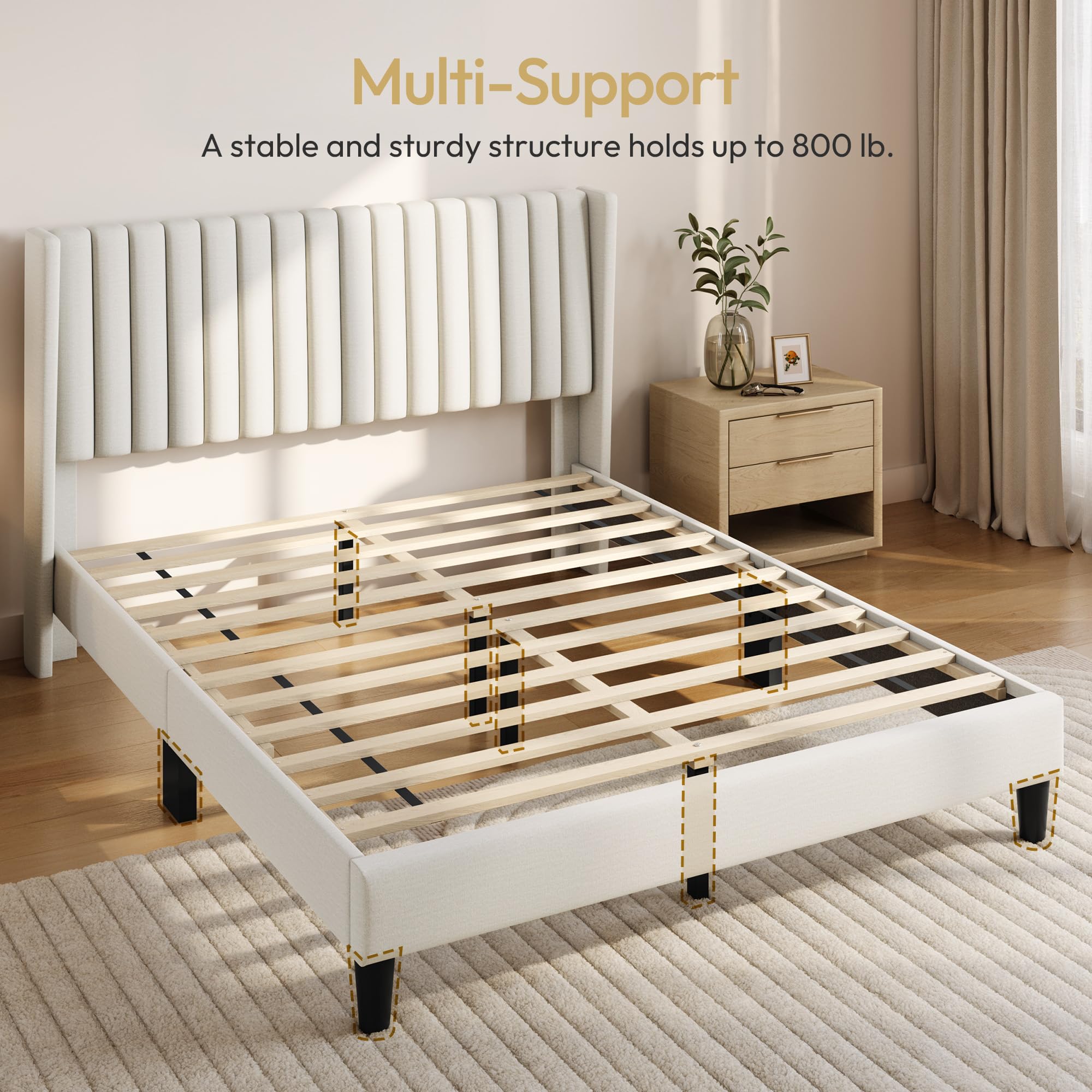 Best Upholstered Bed Frames of 2026 1 Yaheetech Queen Bed Frame with Headboard,Ivory Channel-Tufted Platform - product photo