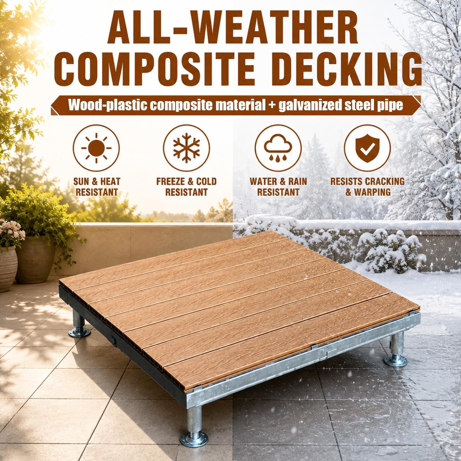 Piattaforma Rialzata In WPC Con Piastrelle In Composito Impermeabile | Modulare regolabile ad incastro per esterni, Pavimentazione per giardino, patio, prato(Light brown)