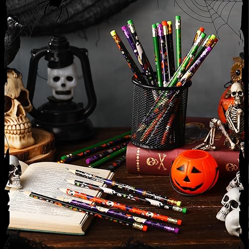 Miniatura 4 de Cholemy 200 lápices de madera – Calabazas coloridas con temática de Halloween, murciélagos, arañas, calaveras, fantasmas y ojos encantados para