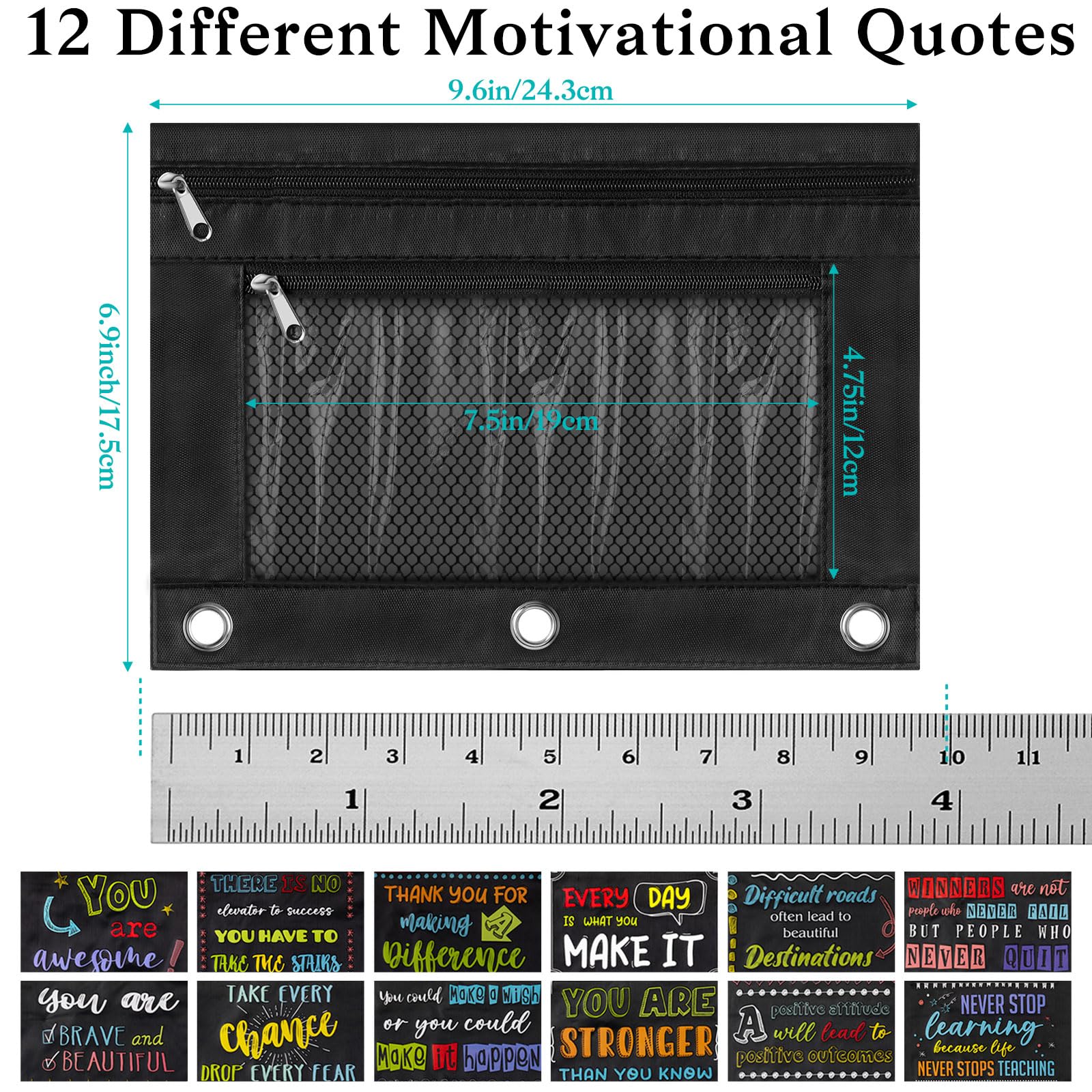 Honoson Estuche inspirador de 36 piezas para lápices con 3 anillos con cremallera doble para aula, estuche para lápices para escuela, aula, estudiantes, niños, oficina, suministros para el hogar
