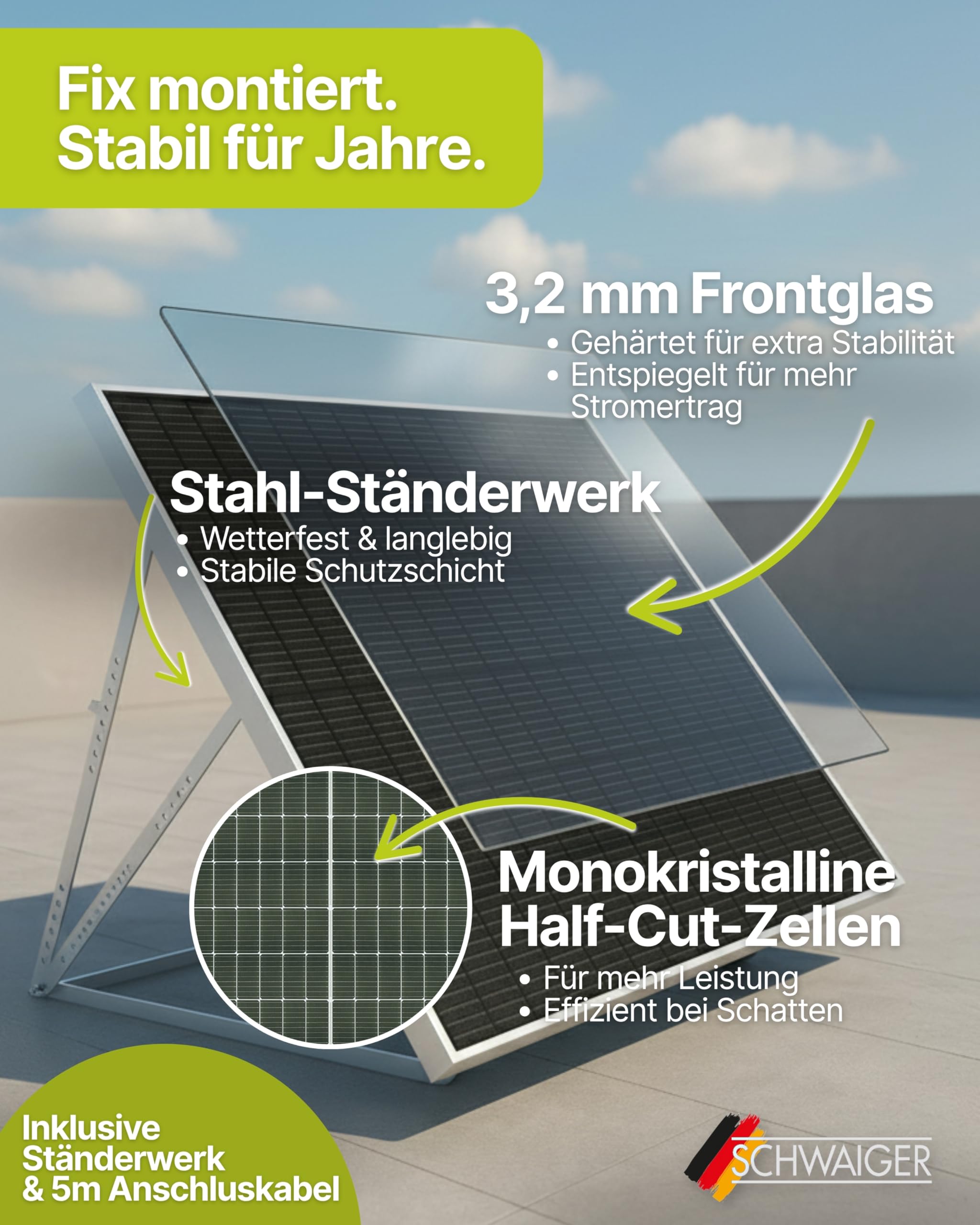 SCHWAIGER Balkonkraftwerk Komplettset 830 Wp I 2× 415 Wp Solarpanels inkl. Ständerwerk, 800W WiFi Wechselrichter, 5m Anschlusskabel I Plug & Play Solaranlage Photovoltaik für Balkon & Garten