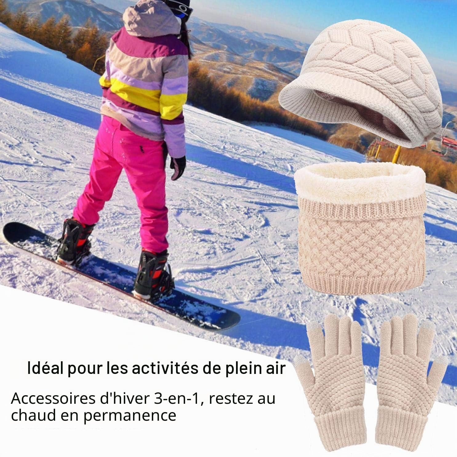 CheChruy Femme Tricoté Béret Écharpe à Boucle Gants 3 Pièces Ensemble Chaud Cache-Cou de Doublure Polaire et Bonnet Tricot Hiver Chapeau