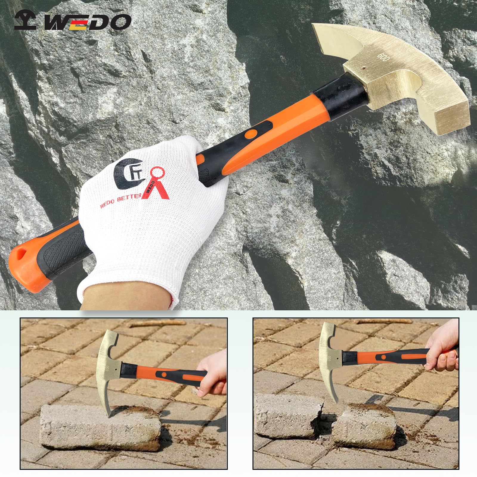 WEDO Zestaw 2 szt. młotków do kostek, nieiskrzący młot do cegieł geologów, głowica 28 uncji (800 g), młotek murarski, długość 340 mm, brąz aluminiowy, narzędzie murarskie, uchwyt z włókna szklanego