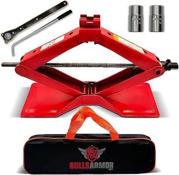 BullsArmor Scissor Jack Kit - 2 Ton 4,400 lbs - Extra Wide Base - Universal Car Tool Kit with Ratchet & Lug Wrench - All-in-One Portable Emergency Case for Vehicle Lift & Tire Changes