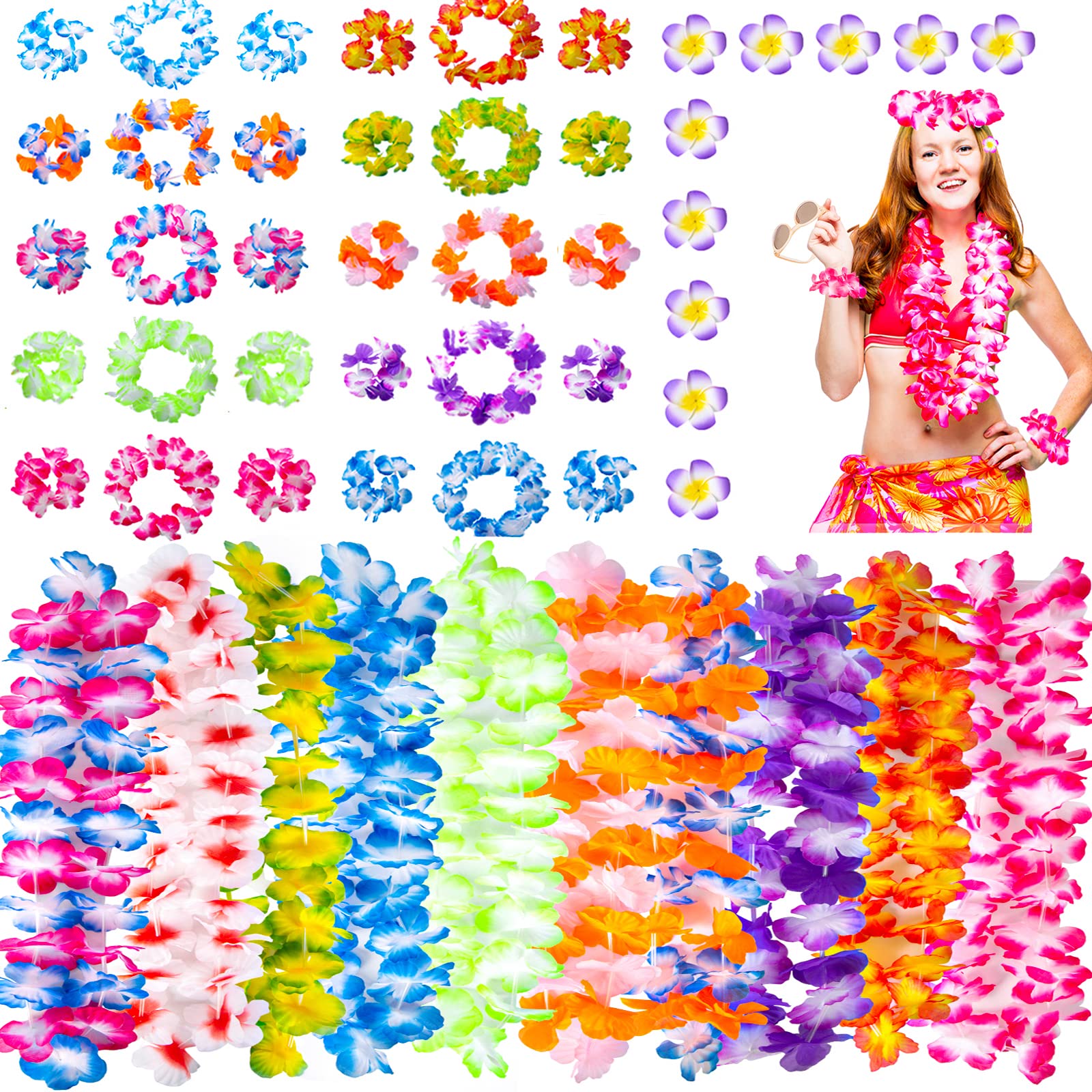 50PCS Hawaiian Leis, Hawaiian Luau Party Flowers Including 10pcs Floral Necklace 10pcs Headbands 20pcs Wristbands 10pcs Flower Hair Clips for Wedding Beach Birthday Decorations