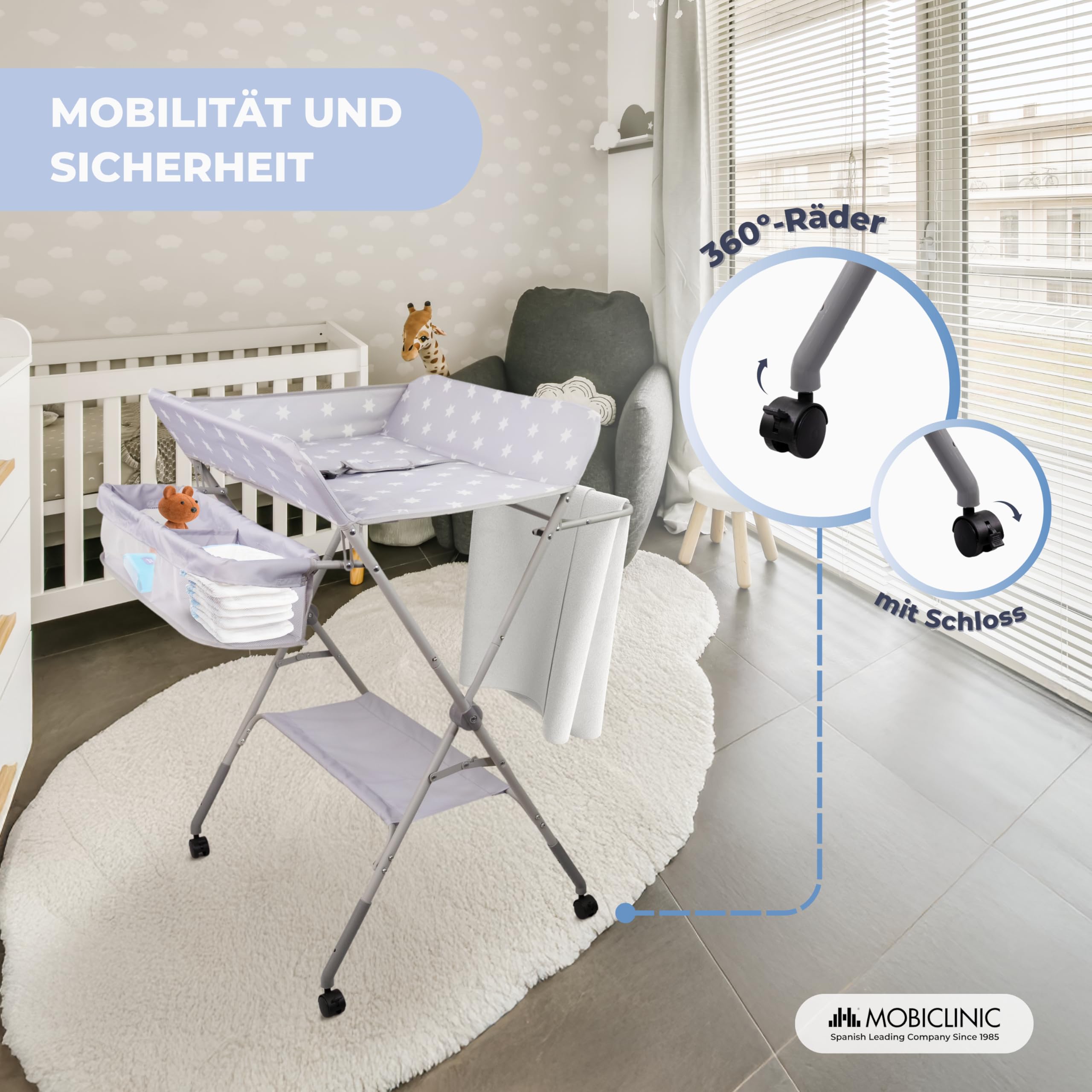 Mobiclinic®, Wickeltisch, Klappbar, Höhenverstellbar, Bis zu 15 Kg, 0–36 Monate, Windel-Organizer, 360°-Räder mit Bremse, Gurt und Sicherheitszaun, Waschbarer Bezug, Aufbewahrung, Zoey