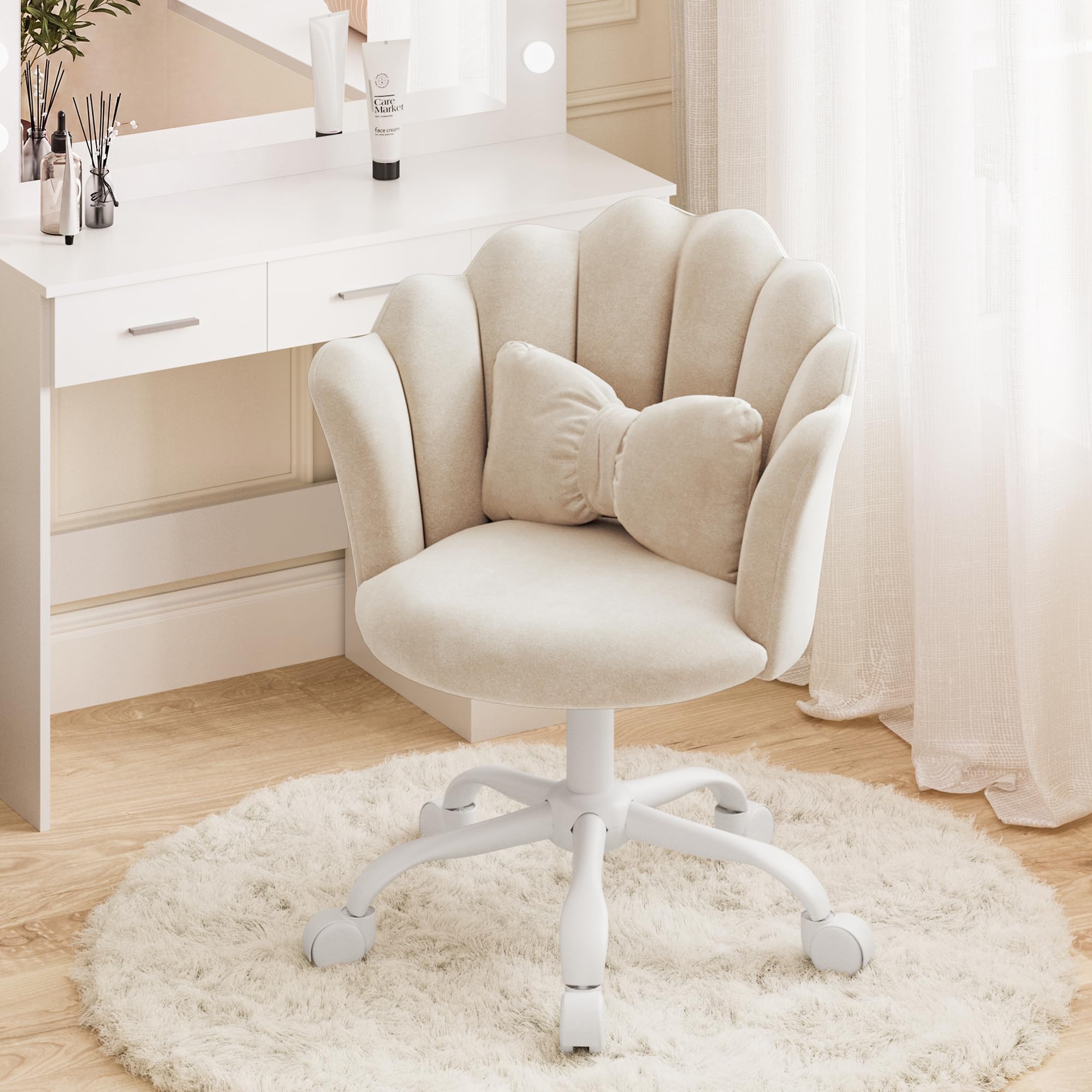 Vanity Chair with Wheels, Velvet Swivel Desk Chair with Padding Pillow