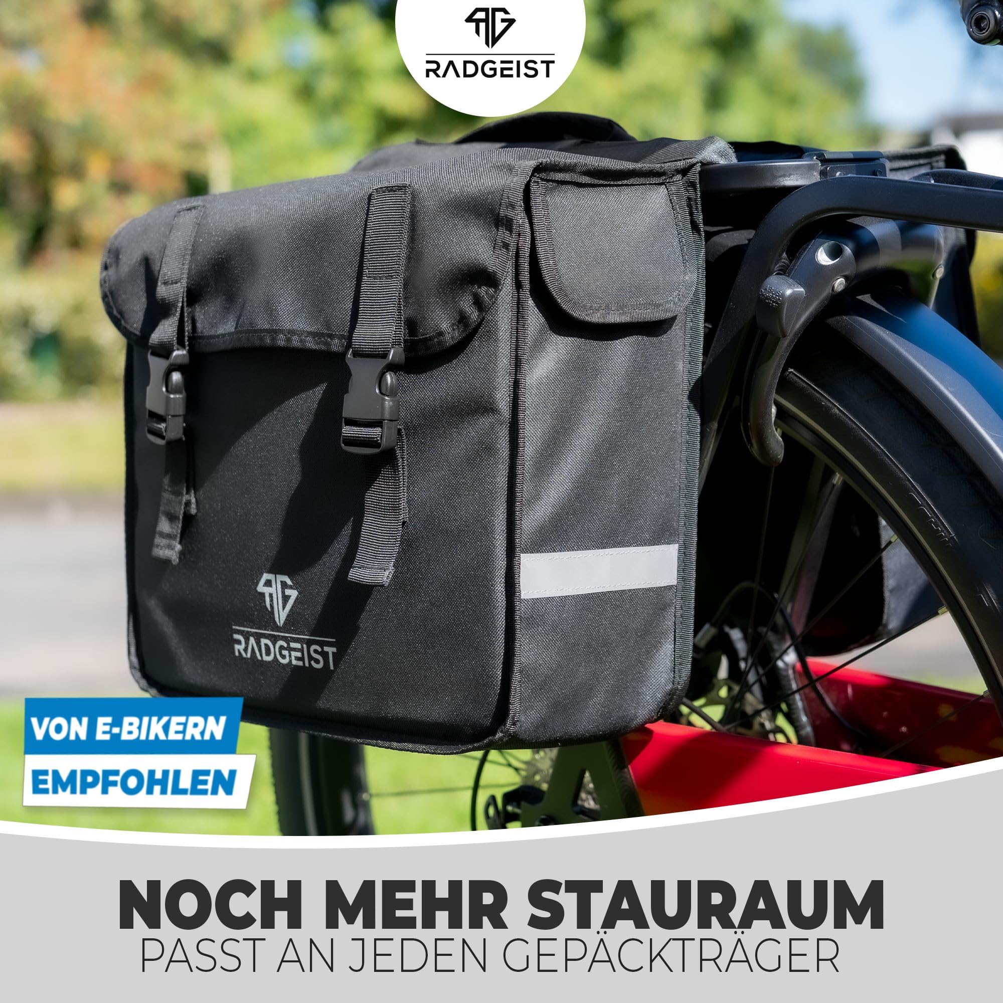 RADGEIST Gepäckträgertasche doppelt I Doppeltasche für Gepäckträger 27L I Einfache Befestigung, Fahrradtasche doppelt Gepäckträger schwarz - Fahrrad Packtasche