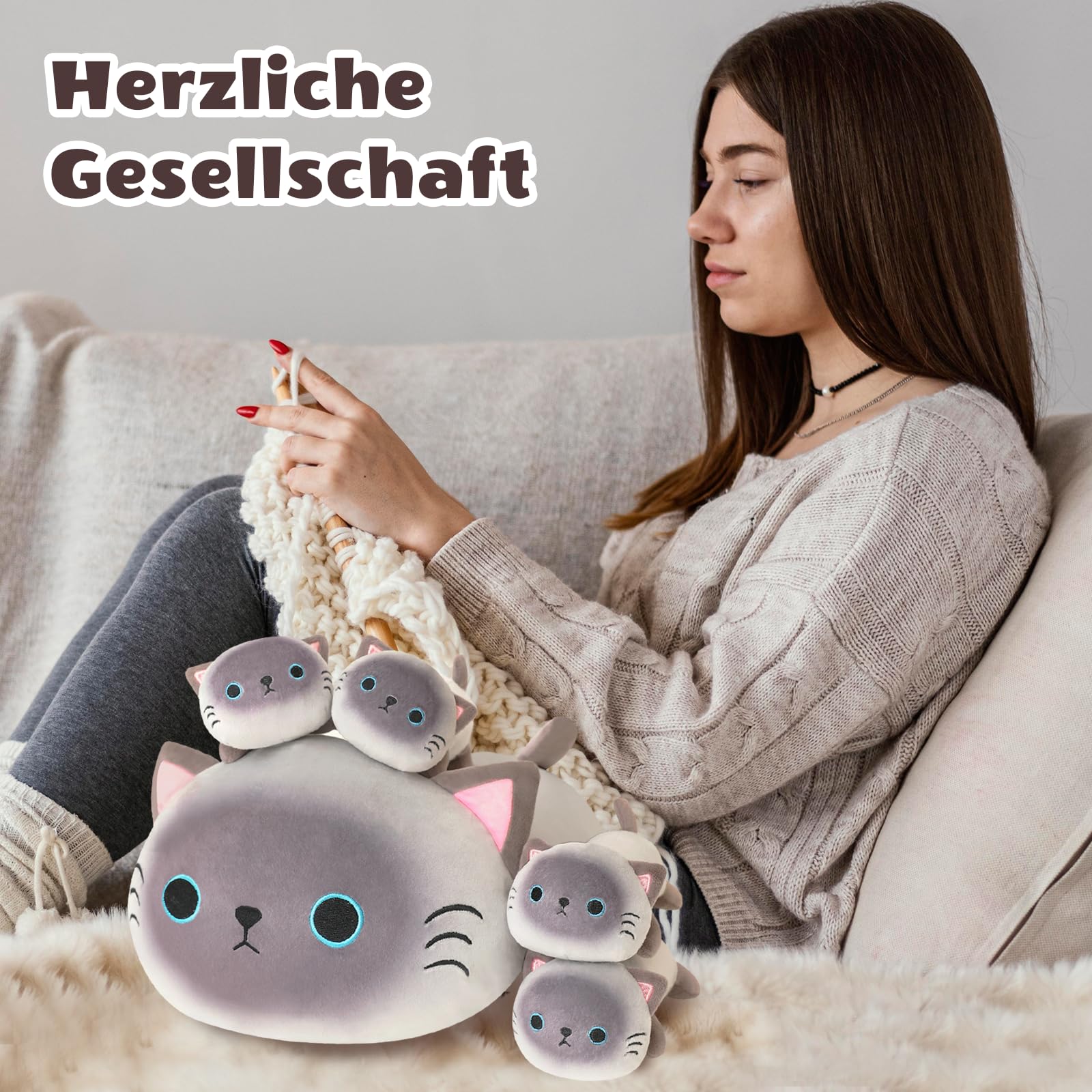 SQEQE Peluche a forma di gatto siamese con 4 bambini, simpatico peluche | Mamma gatto con 4 interni, set per la famiglia, materiale morbido, regalo unico per bambini e ragazze