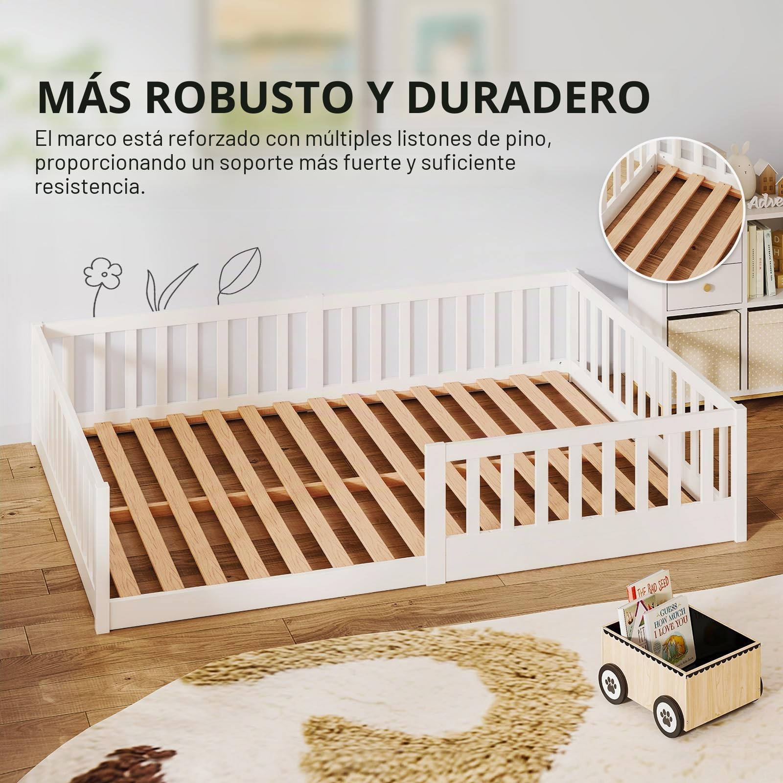 labebe Cama baja para niños 140 x 200, cama Montessori de madera maciza blanca con barandillas de seguridad y somier (colchón no incluido) Adecuada para niños y bebés