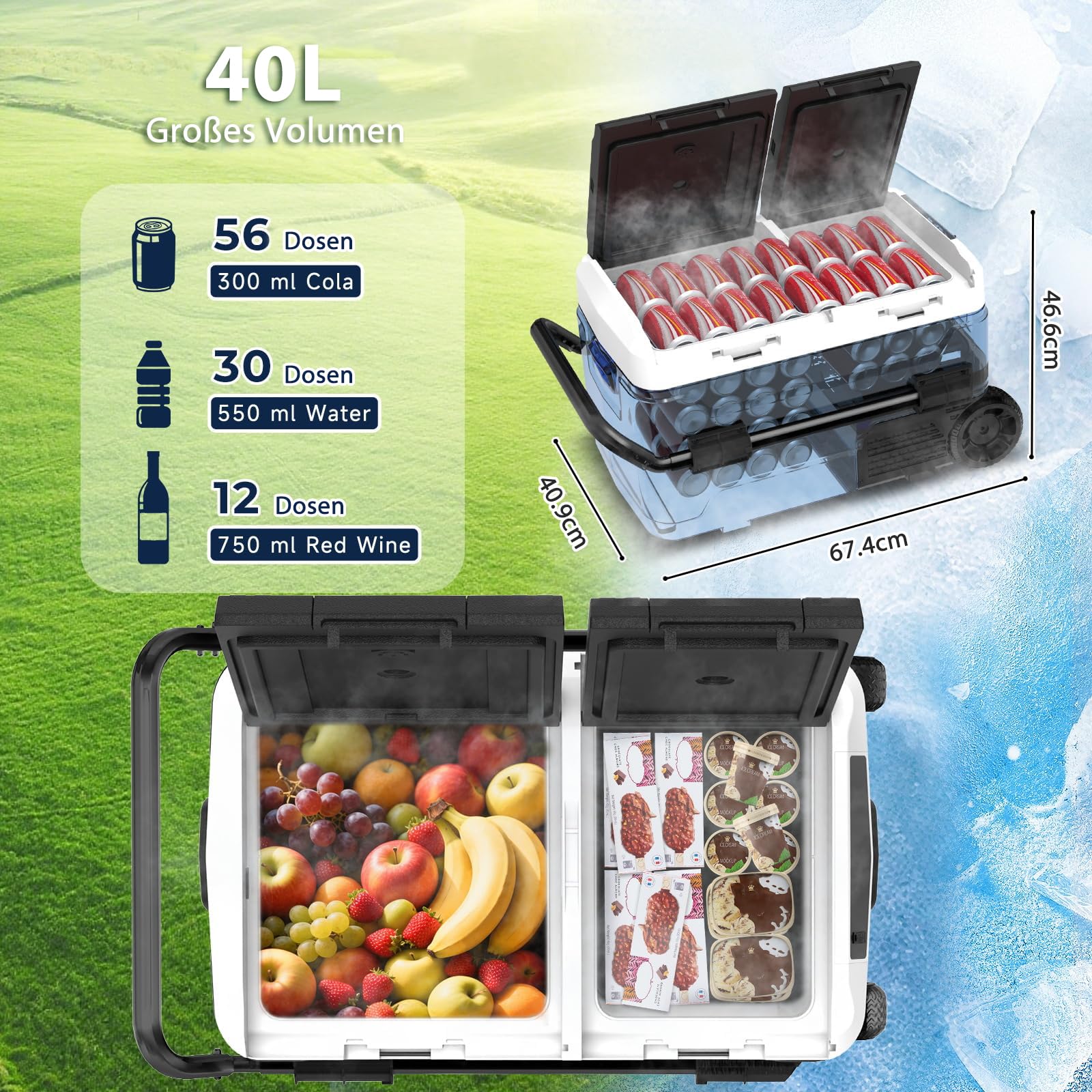 AS 40L Kompressor Kühlbox Dual Zone, Elektrische Kühlbox 12V /24V mit APP Steuerung, -20°C Tragbare Gefrierbox, kühlschrank mit Rollen und Teleskopgriff für Auto, LKW, Camping und Wohnmobil