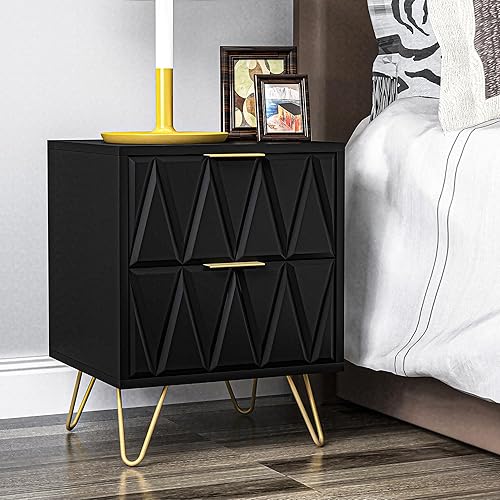 Miniatura 4 de Black Nightstand Set of 2, Modern Bedside Table with 2 Drawers Storage, Wood End Side Table Night Stand with Gold Legs for Bedroom Living Room