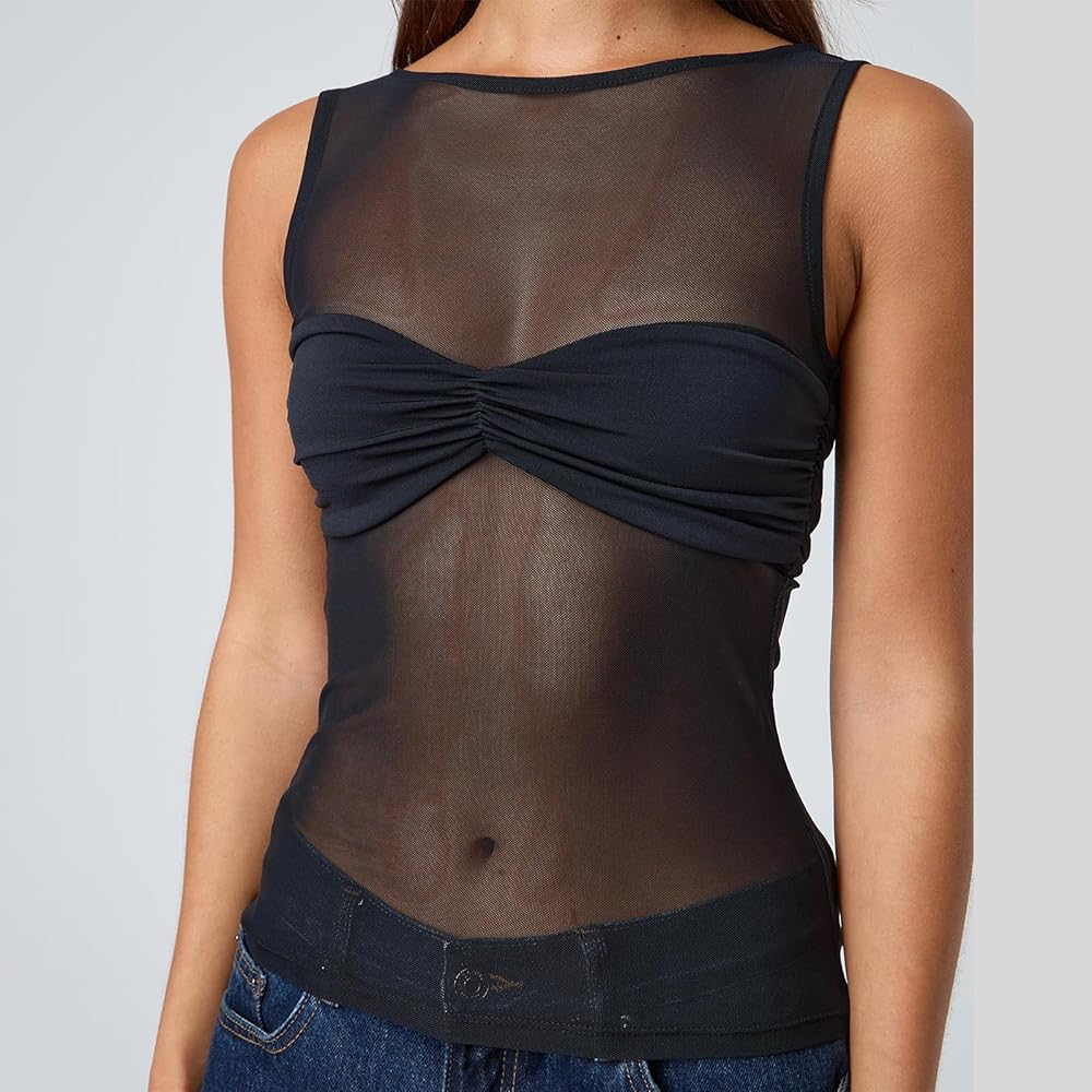 Women Sheer Mesh Tank Top Sleeveless See Through Camisole
