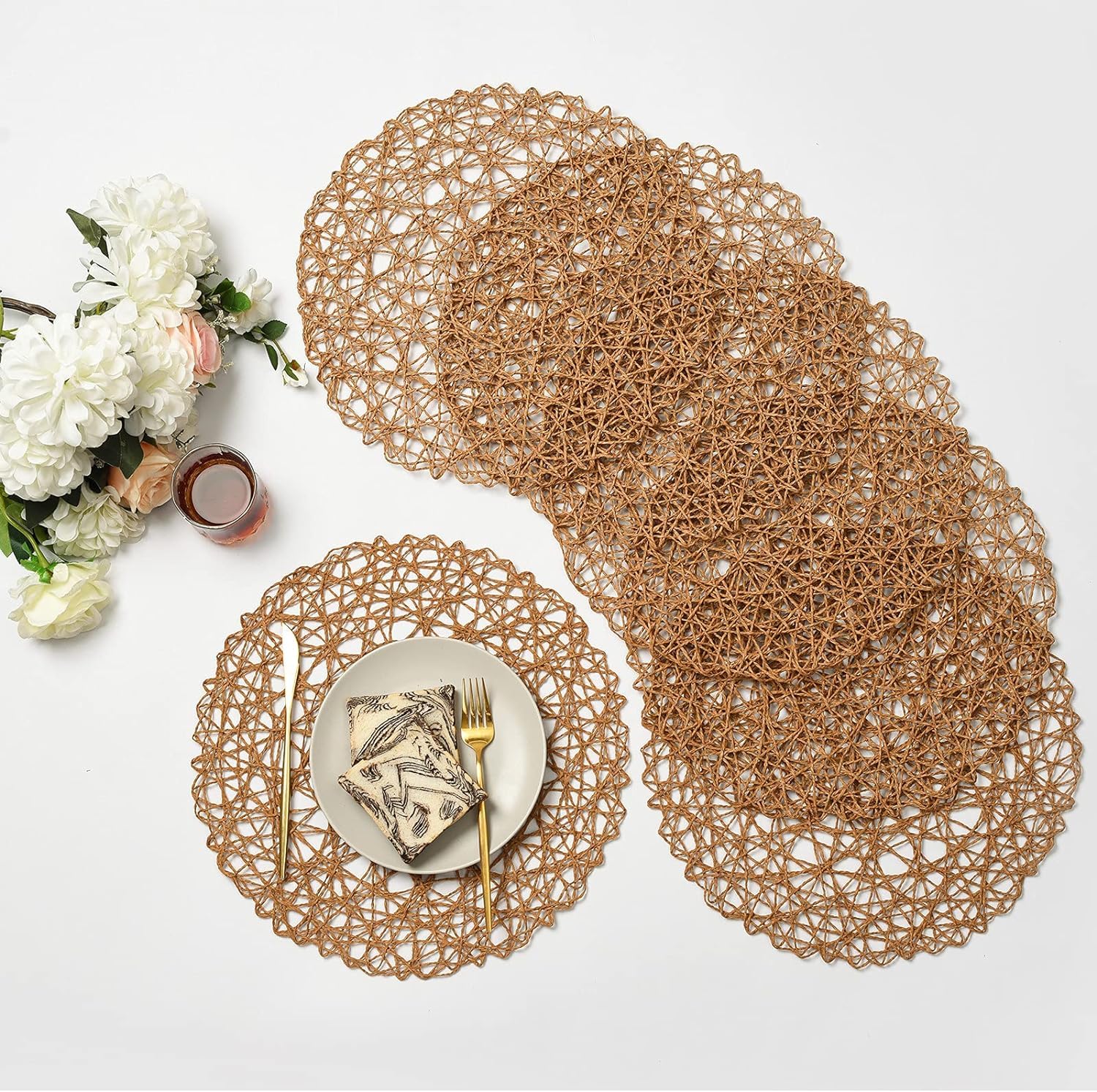 IcosaMro Braune runde Tischsets für Esstisch, 33 cm, Papier, gewebt, Boho, klein, dekorativ, rund, Platzset für Hochzeit, Weihnachten, Erntedankfest, Urlaub, Abendessen, Hellkaffeebraun