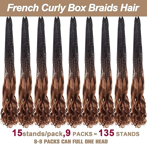 Miniatura 4 de COOKOO 9 unidades de 135 hebras de trenzas de ganchillo rizadas francesas de 24 pulgadas, color marrón degradado, trenzas de caja con extremos