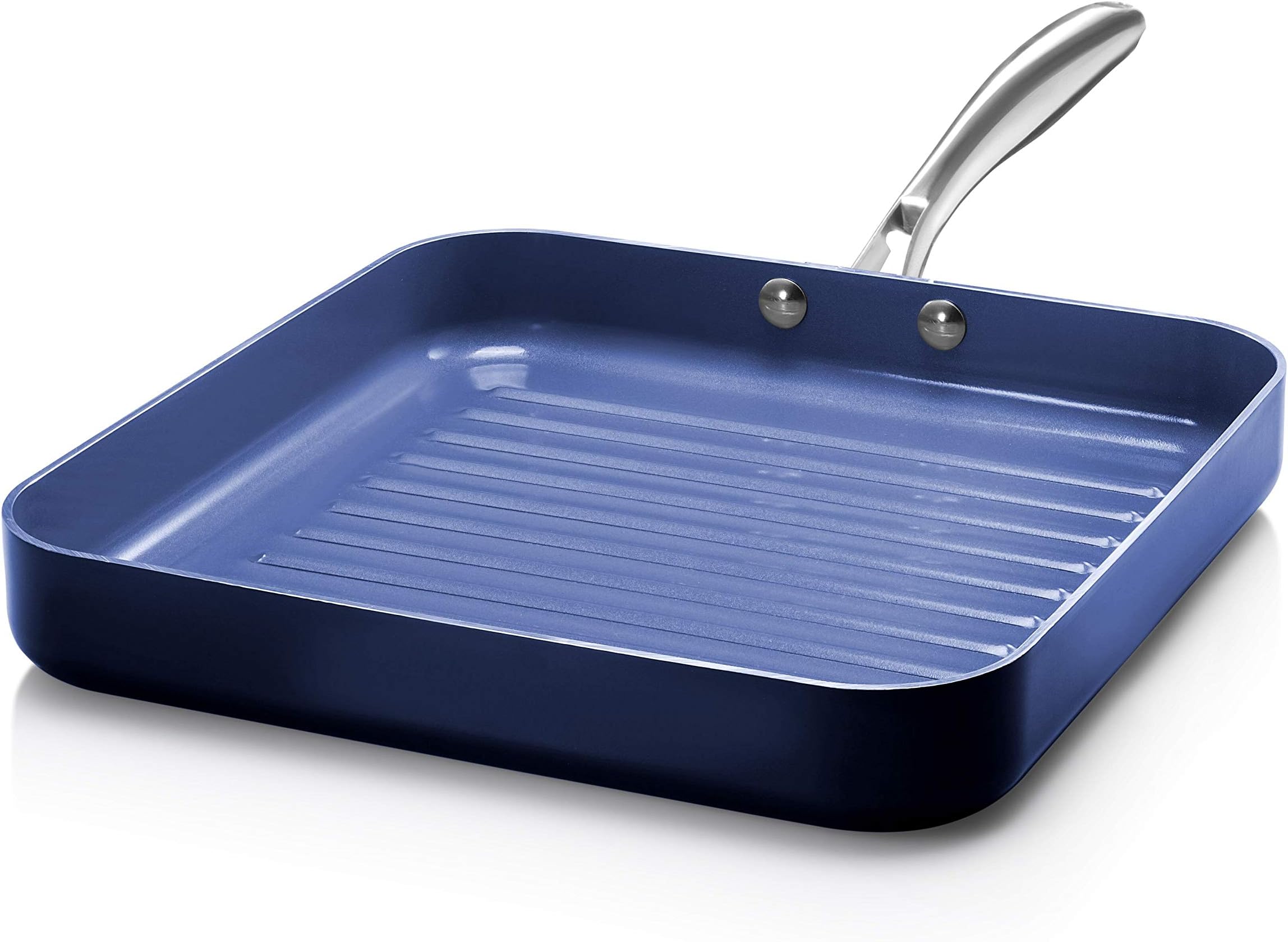 GranitestoneBlue Nonstick 10.5” Grilling Pan, Diamond Infused, Metal Utensil Sear Ridges for Grease Draining, Stay Cool Stainless-Steel Handle Oven & Dishwasher Safe, 100% PFOA Free