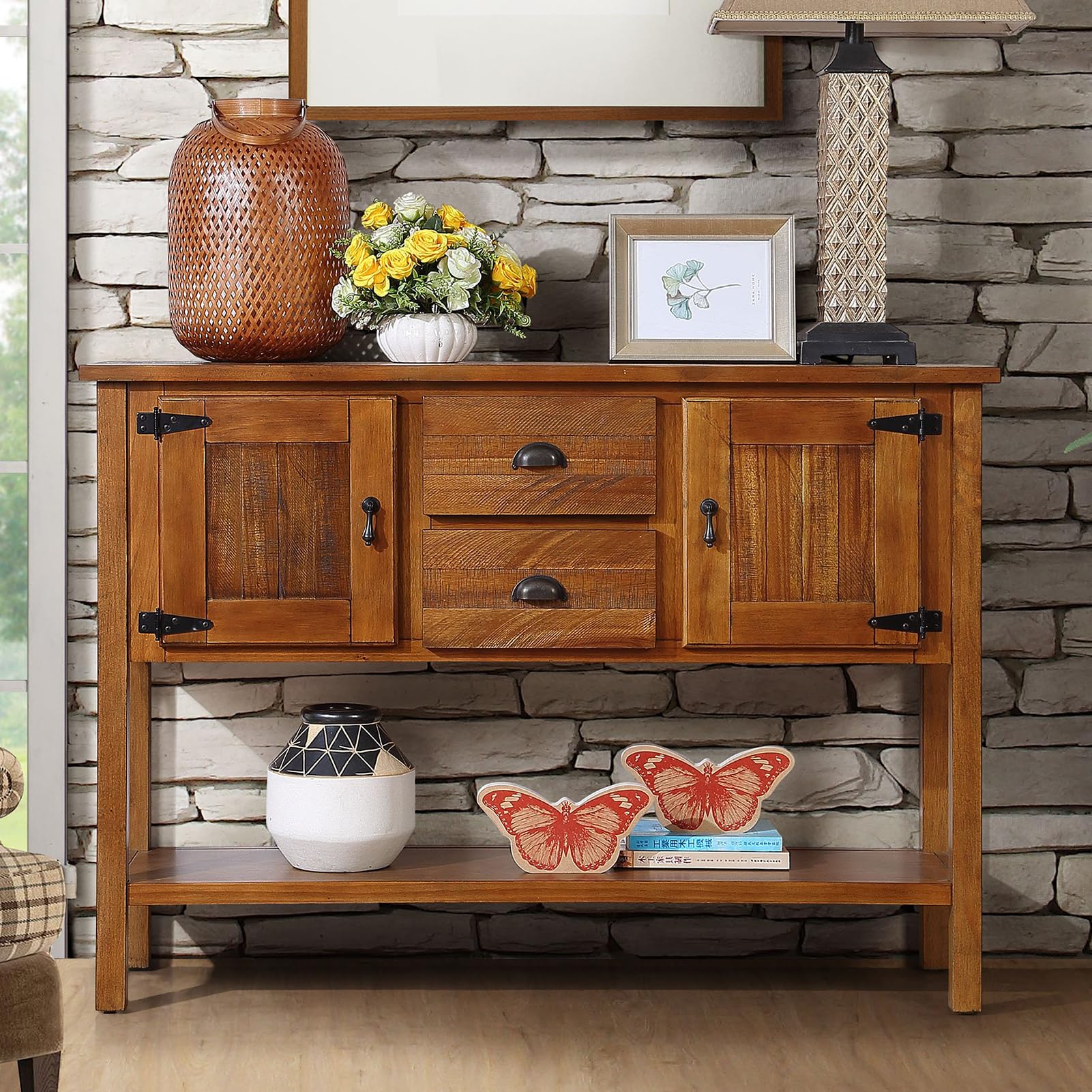 YWUFUART 48" Solid Wood Buffet Sideboard,Farmhouse Console Table with Bottom Shelf,Retro-Style Storage Cabinet for Entryway,Living Room,Dining Room,