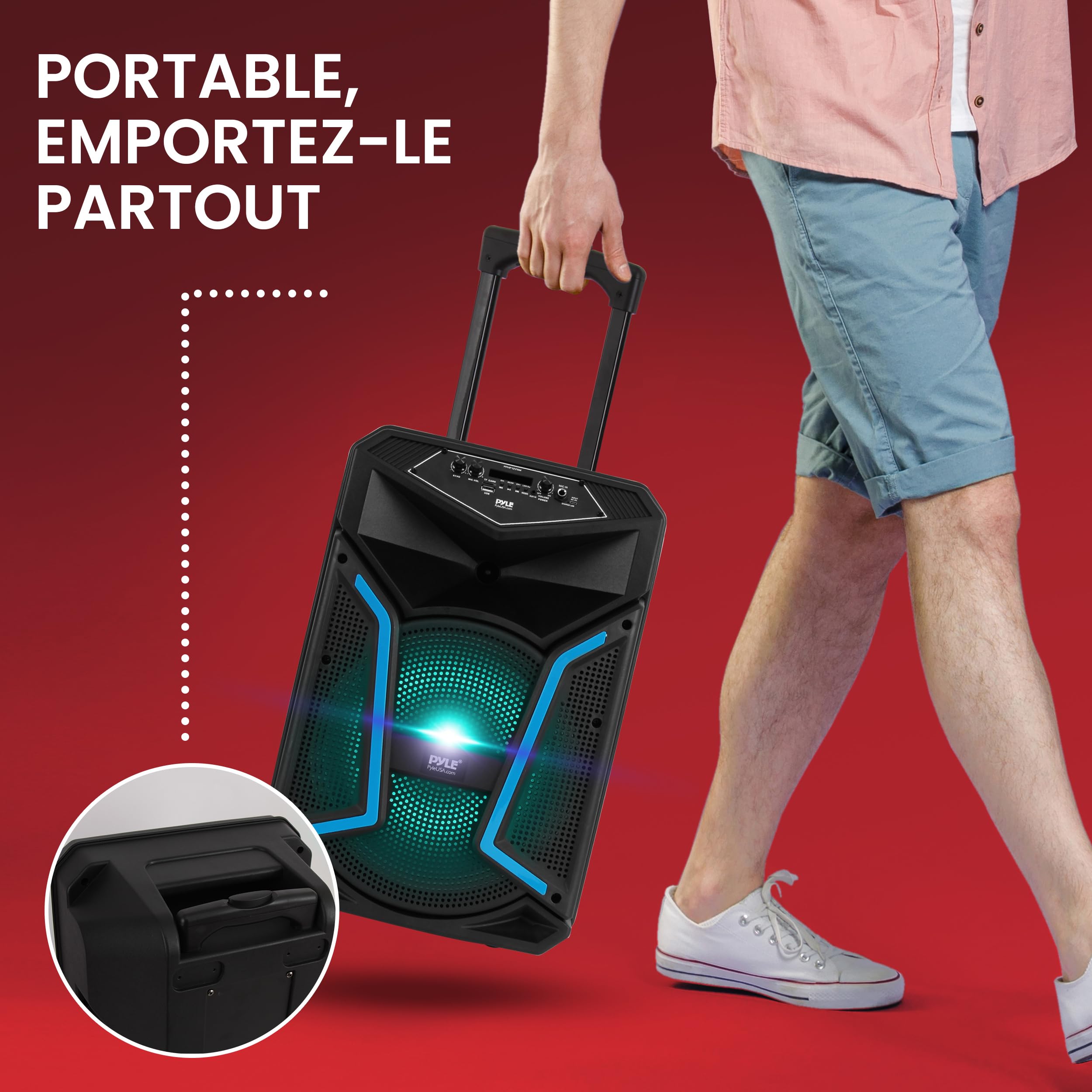 Pyle Haut-Parleur Bluetooth PA Portable 800 W Max, Enceinte Karaoke avec Microphone Filaire, Subwoofer 12", Lumières LED, Radio FM, USB/Carte SD MP3, Entrée Micro/Guitare, Batterie Rechargeable, Roues