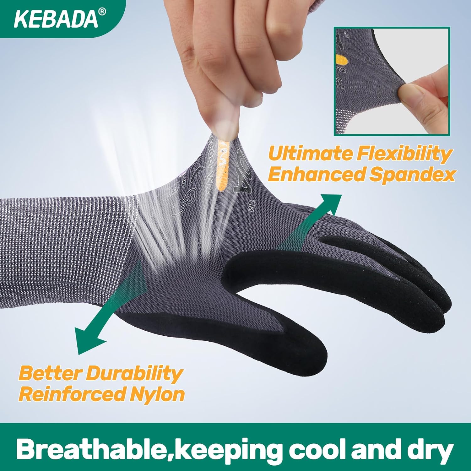 Kebada W2 Work Gloves for Men and Women, Nitrile Coated Working Gloves for Gardening, Construction, Warehouse, Safety Gloves for Work in Yard and Outdoors, 6 Pairs, Large - Image 4