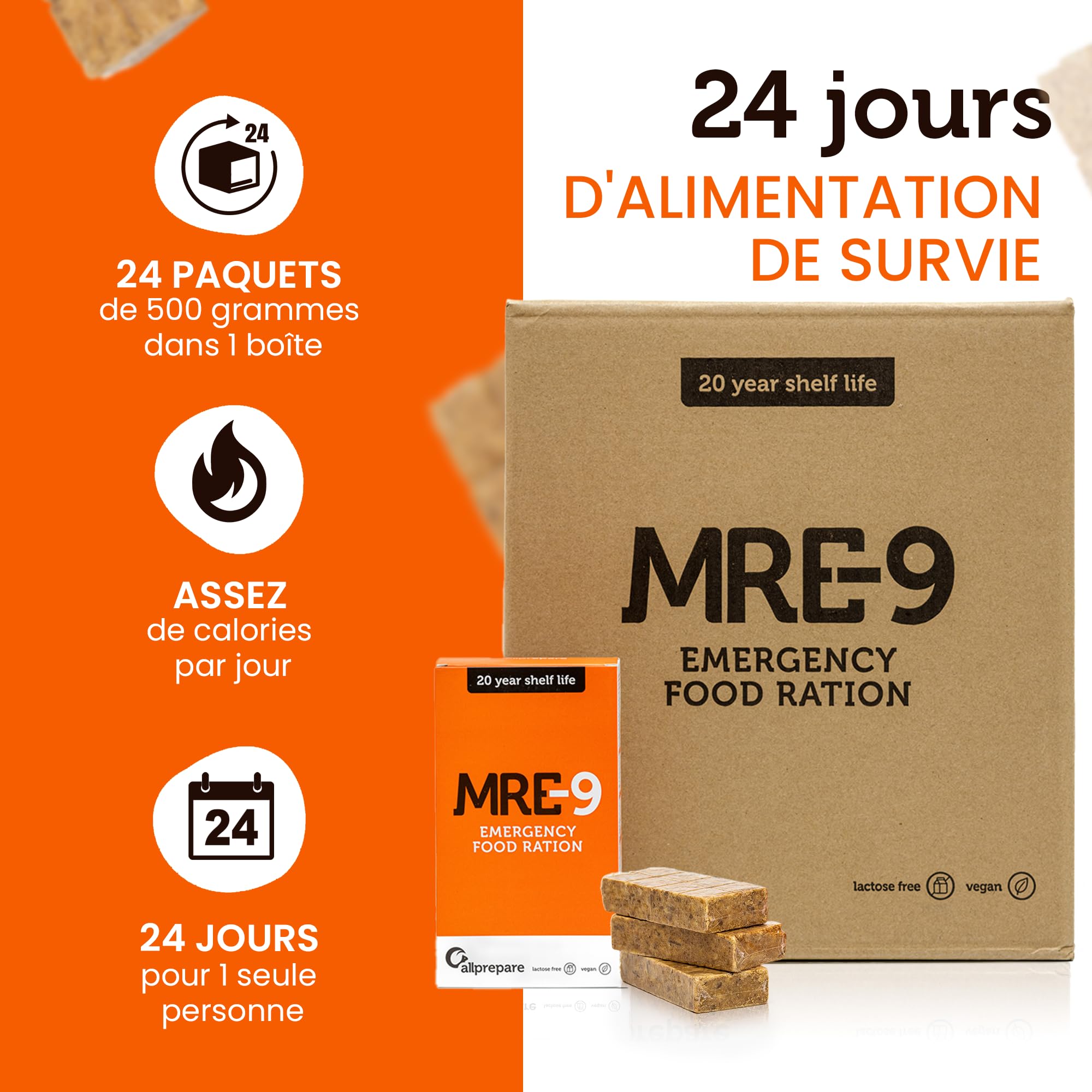 MRE-9 | Ration d'Urgence de 24 Jours | Durée de Conservation de 20 Ans | Vitamines Supplémentaires | 24x500g Alimentation d'Urgence | Végétalien