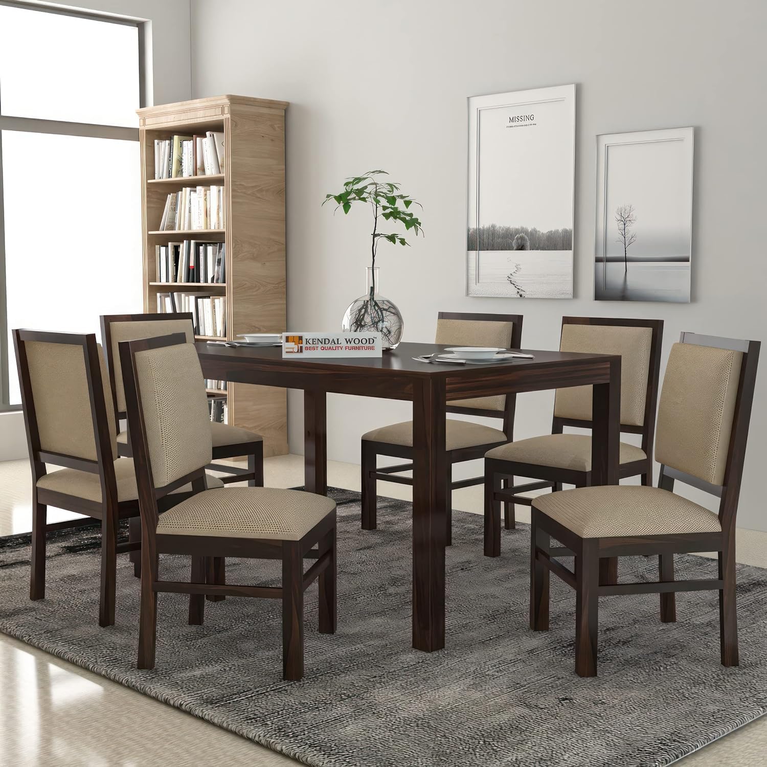 KENDALWOOD Furniture | 1 Year Warranty | Wooden Dining Table with 6 Chairs | sheesham Wood Dining Table 6 Seater | Dining Table Set | Walnut with Cream Cushions -DIY(Do-It-Yourself)
