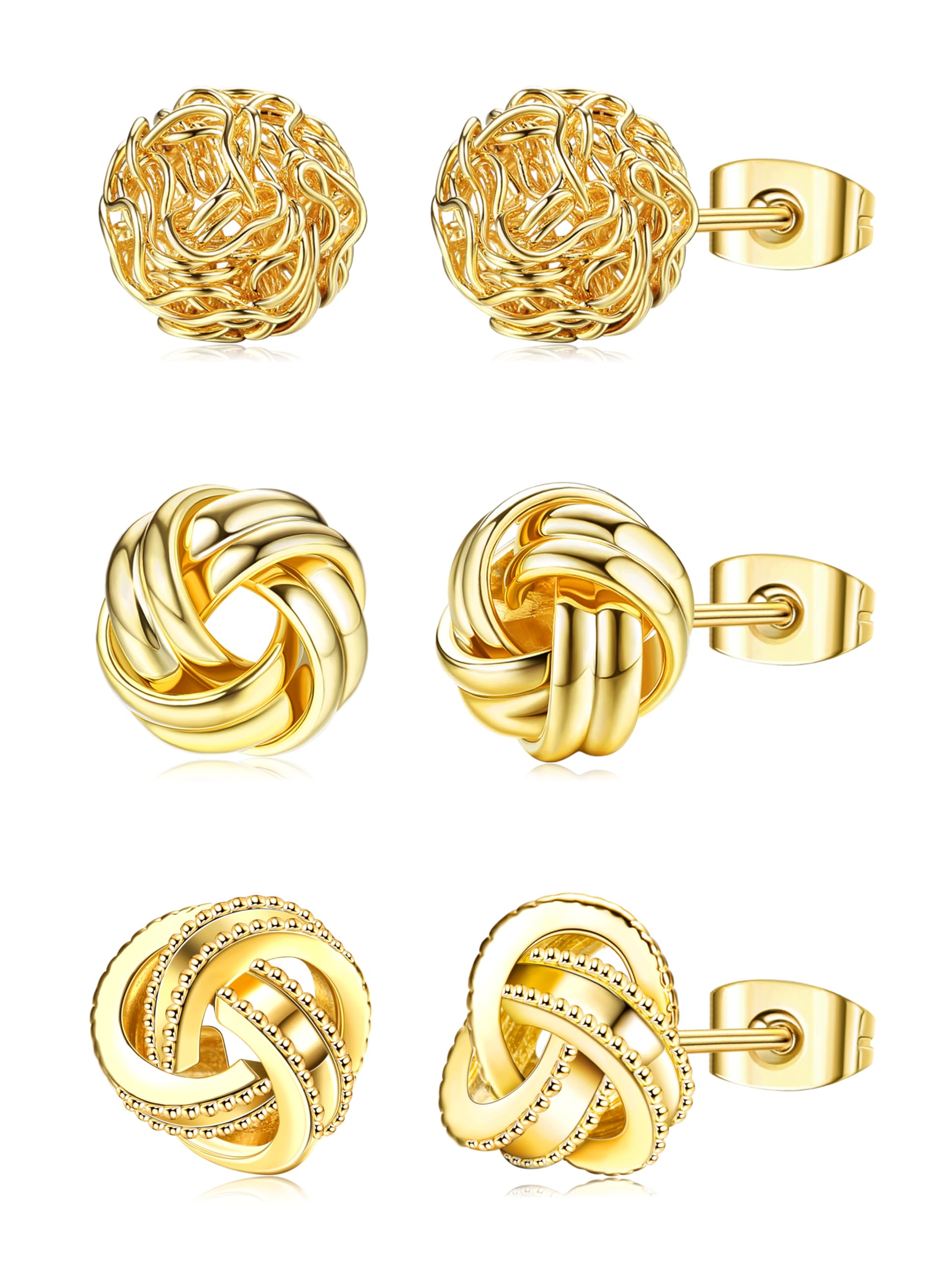 RoheaferPack of 3 Gold Earrings for Women Girls 14K Gold-Plated Woven Ball Stud Earrings Love Knot Post Earrings for Sensitive Ears