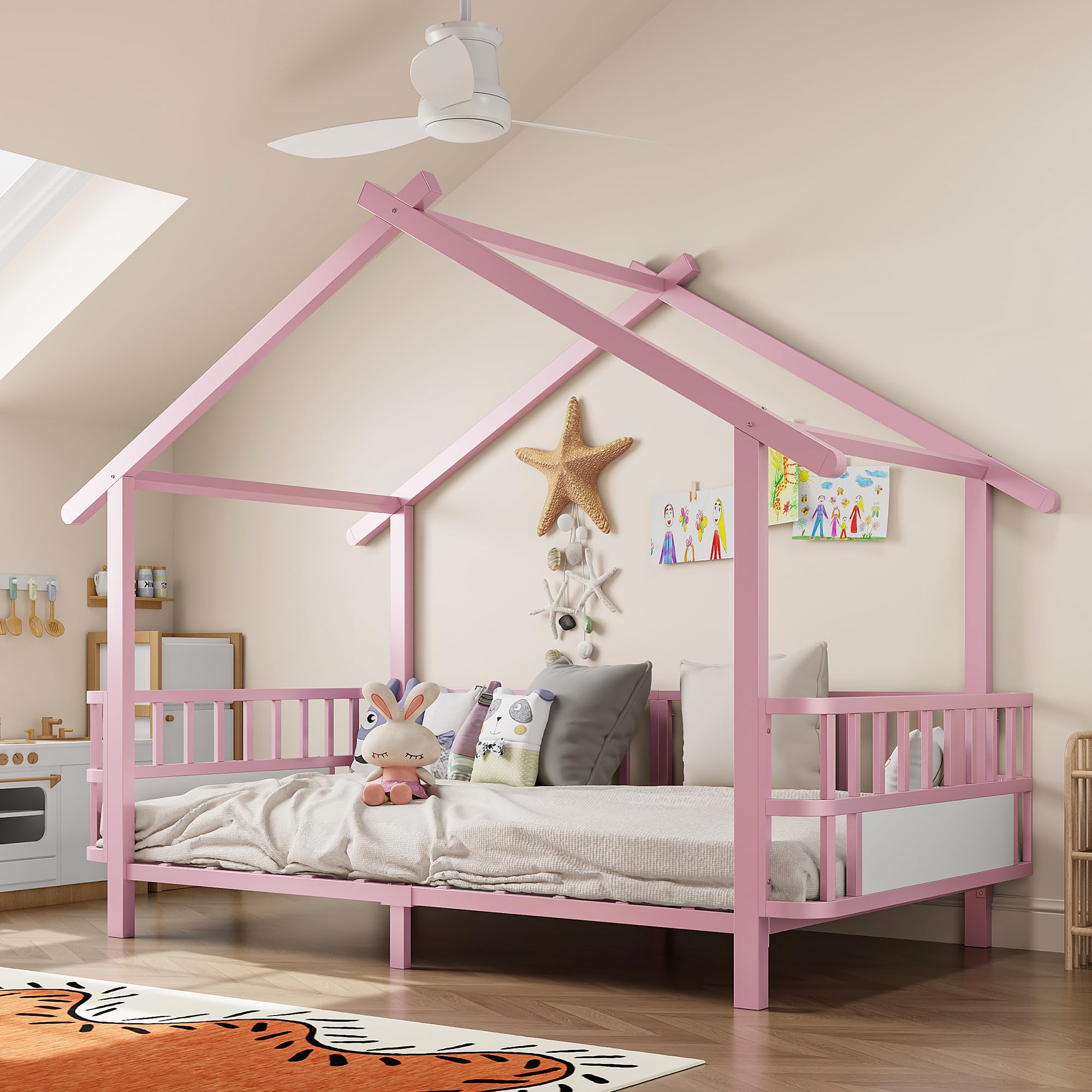 Merax Kinderbett aus Metall in Hausform 90x200 cm mit Sicherheitsgitter & Dachdesign – Rosa (Ohne Matratze)