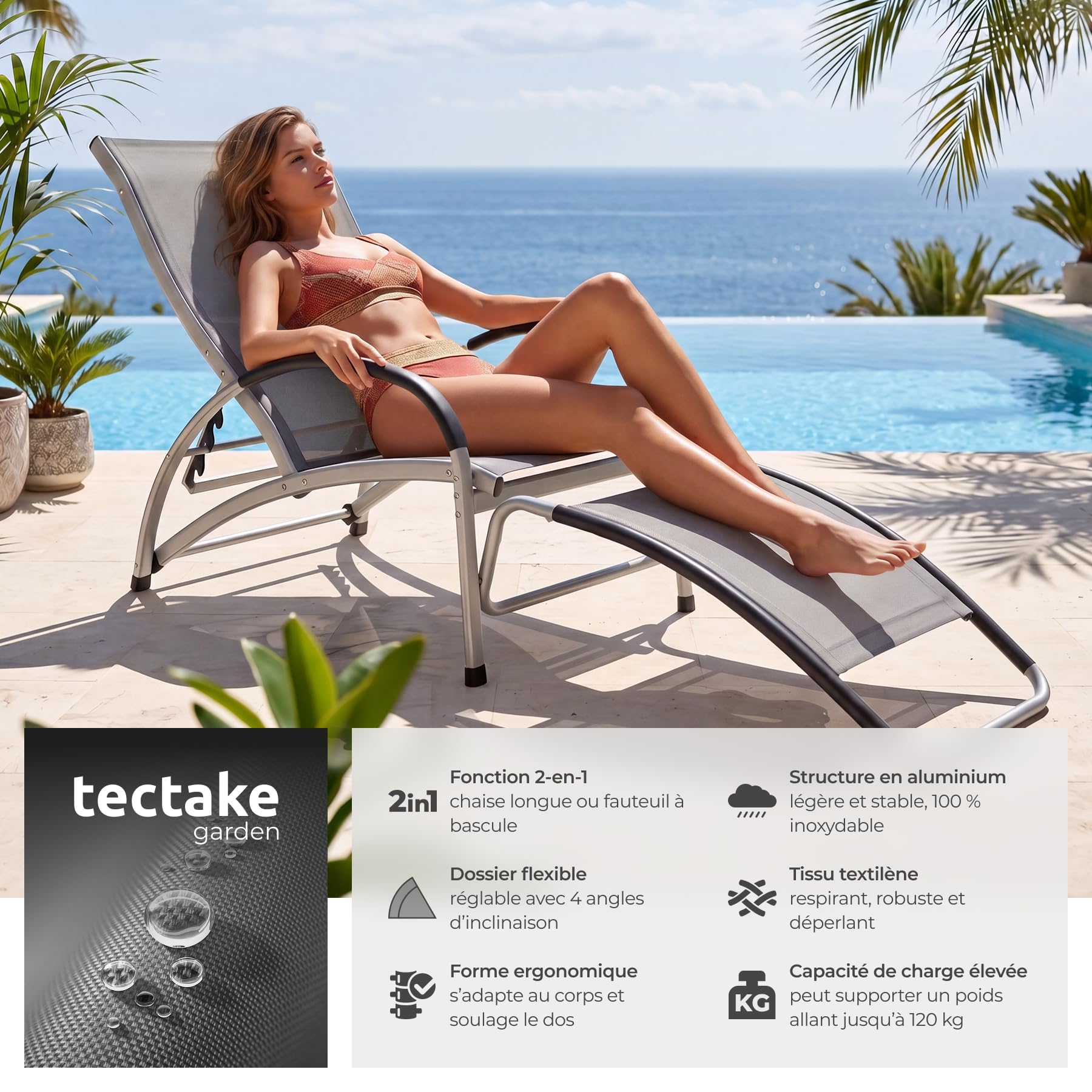 tectake® Chaise Longue inclinable 2en1 avec Repose Pied & Fonction de Bascule, Bain de Soleil en textilène Respirant, Transat Jardin Exterieur Relax Camping Salon de Jardin Exterieur