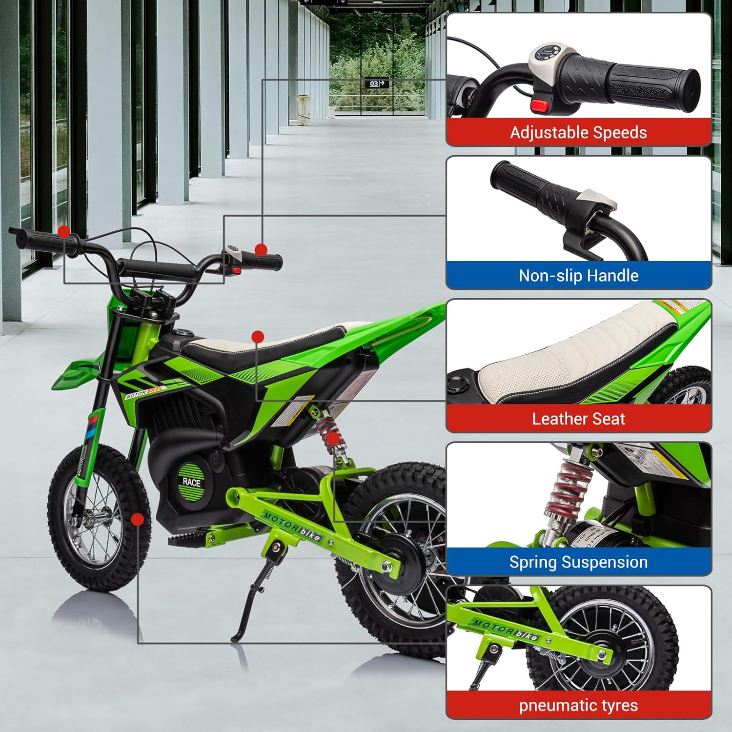 GarveeLife 24V Kids Ride On Electric Off-Road Motorcycle,250W Motor 13.6MPH Fast Speed Dirt Bike Motocross,Leather Seat,Twist Grip Throttle,Metal Suspension,Air-Filled Tires for Kids Riding Toy,Green