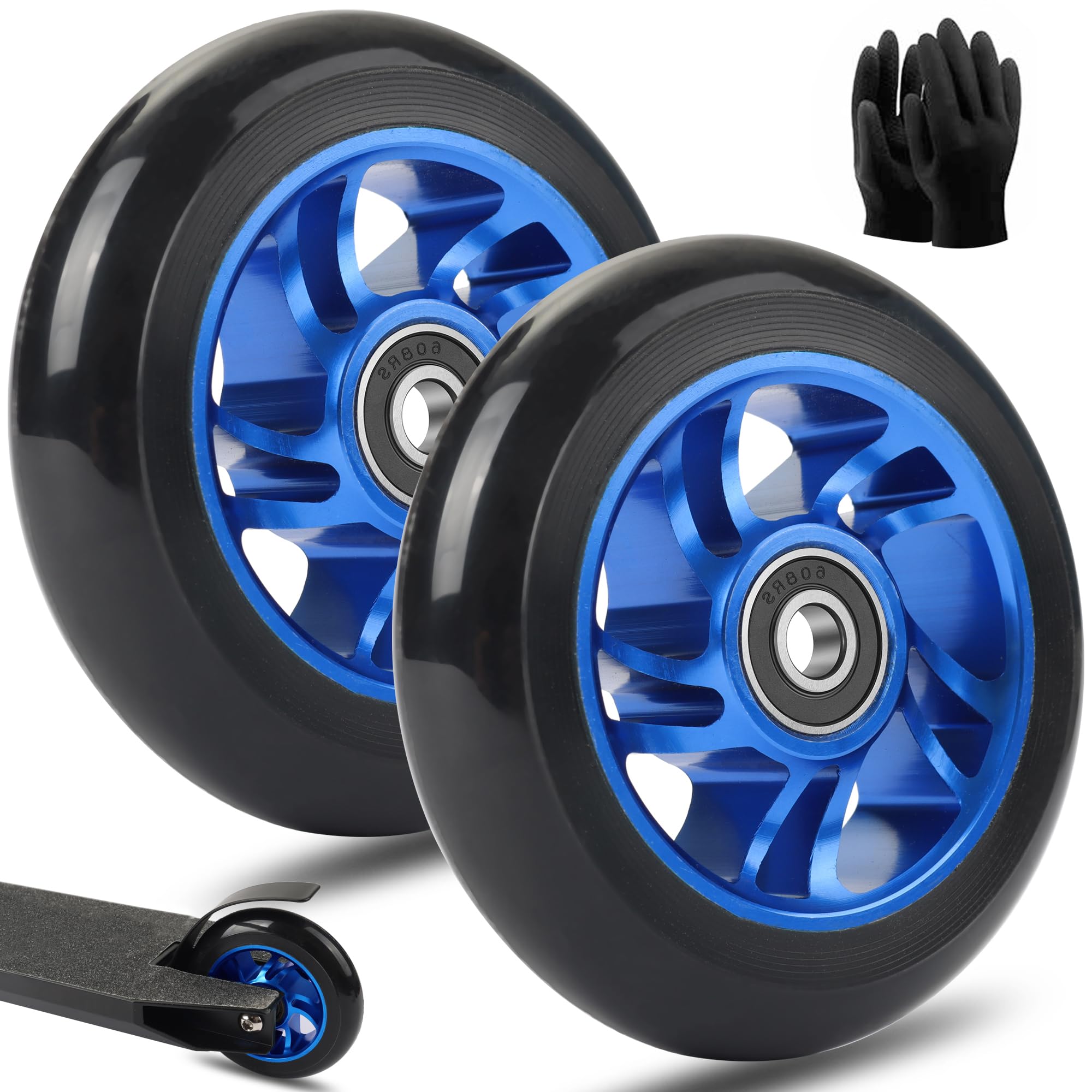 100mm Stunt Scooter Rollen Roller Reifen - Scooter Räder Ersatzräder,Mit Felgen Aus Aluminiumlegierung Und Anti-Blockier-Lager, Scoot and Ride Roller Zubehör (2Stück 100mm Blau)